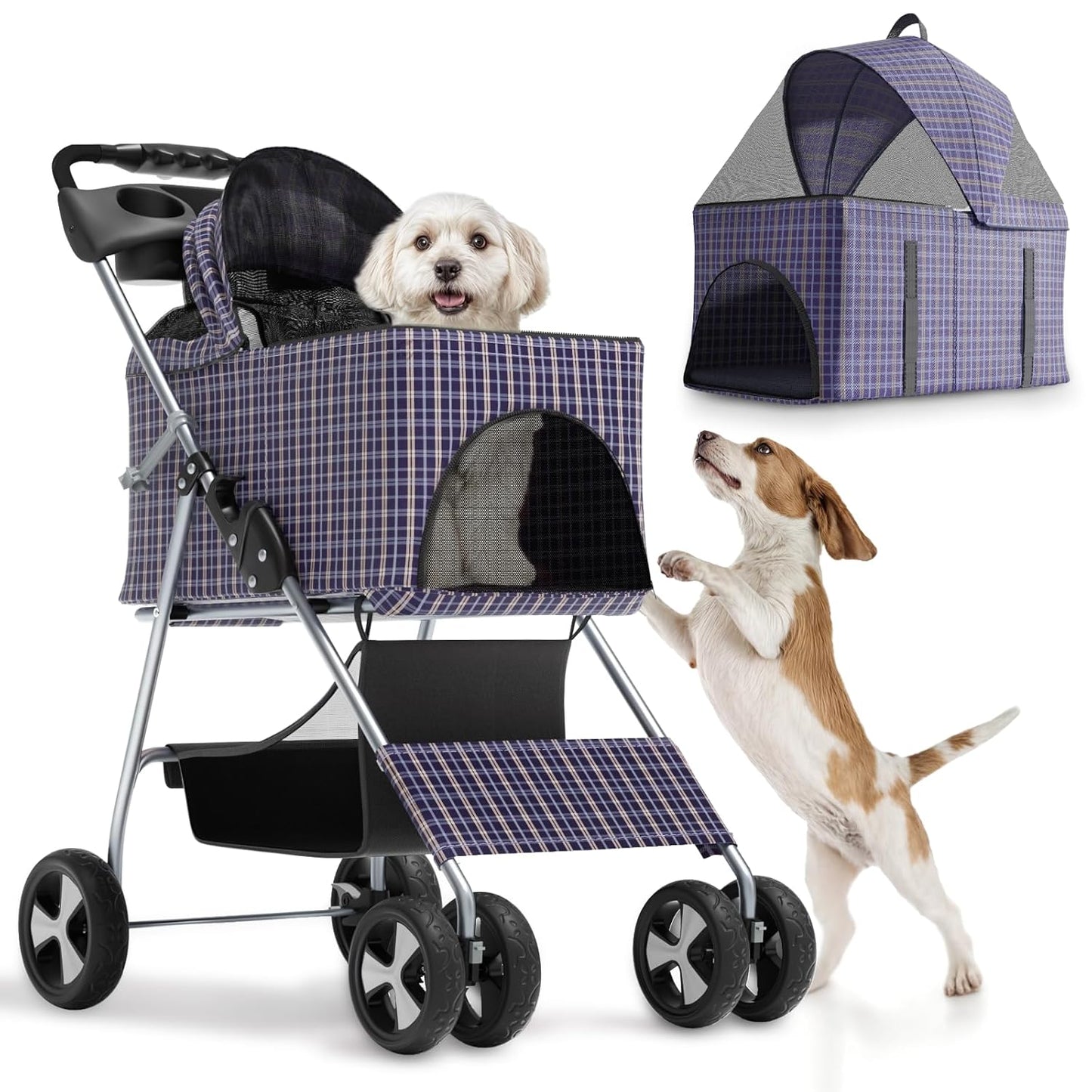 Magshion Foldable Pet Stroller, 3-in-1 Dog Travel Jogger with Detachable Carrier, Cup Holder, Storage Basket, Folding Carrier for Small/Medium Dogs & Cats Up to 33 lbs, Plaid