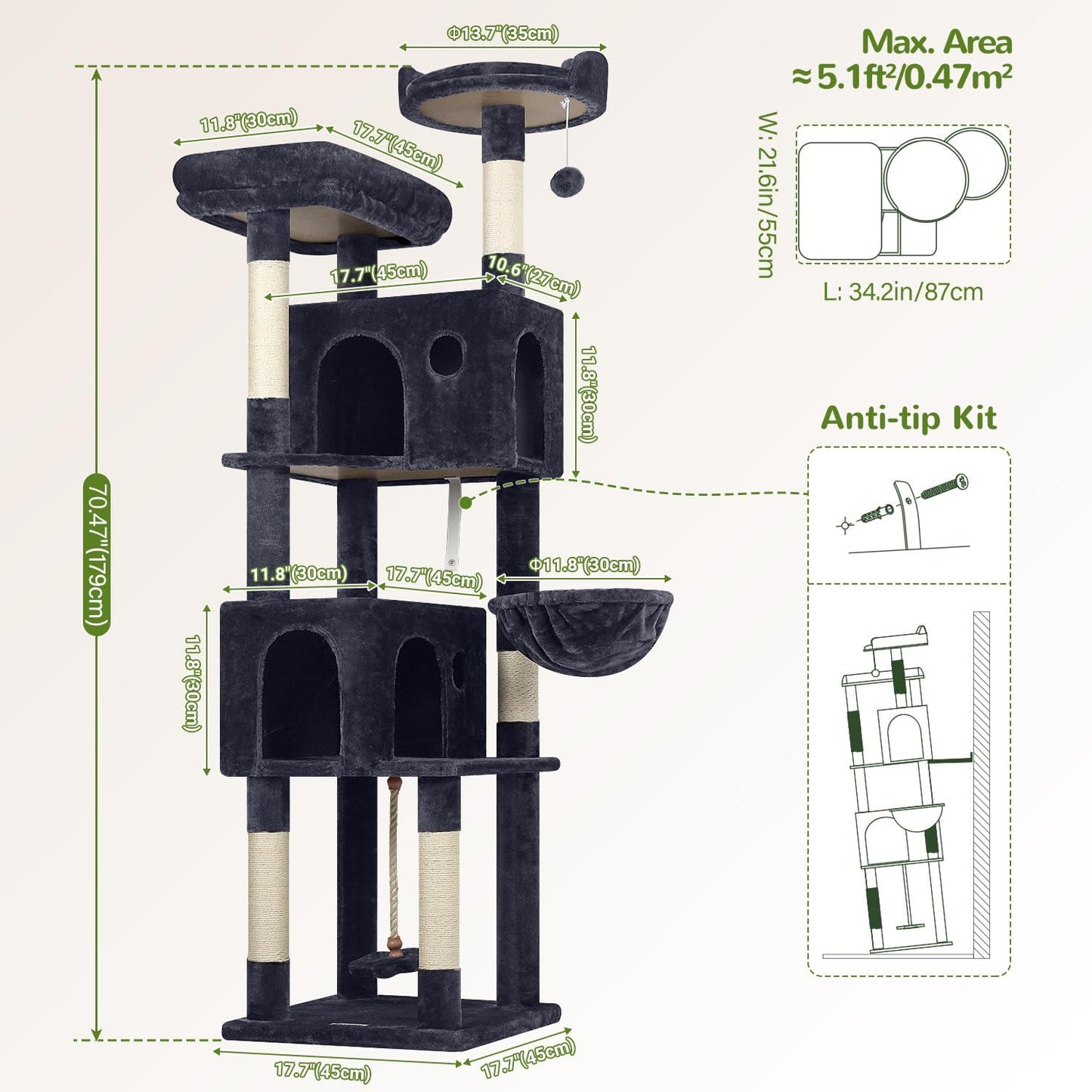 Globlazer Cat Tree, 70 inch Tall Scratching Tower Multi-Level Cat Condo for Indoor Multiple Cats with 2 Large Cat Caves, Top Perch, Large Platform, Bottom Swing, F70B, Dark Grey