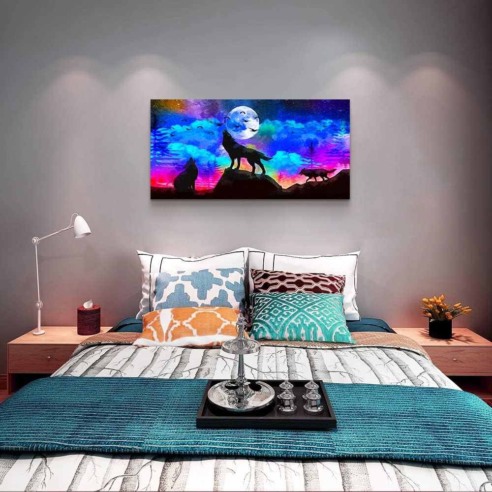 Canvas Wall Art For Living Room Family Wall Decor For Bedroom Modern Office Decorations Animal Wolf Wall Pictures Artwork Blue Starry Sky Scenery Painting Room Canvas Art Prints Home Decor 20" X 40"