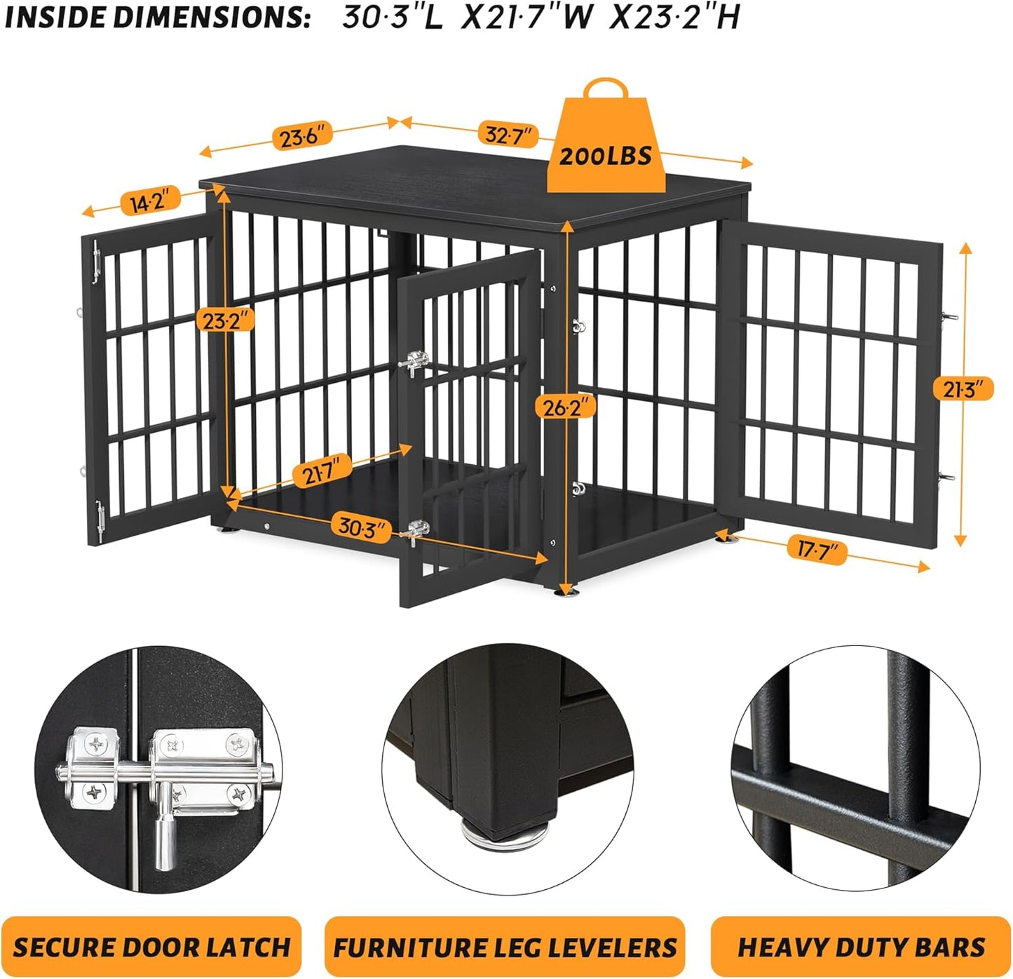 32 Inch Heavy Duty Dog Crate Furniture for Medium and Small Dogs, Decorative Pet House End Table, Wooden Cage Kennel Furniture Indoor, Black