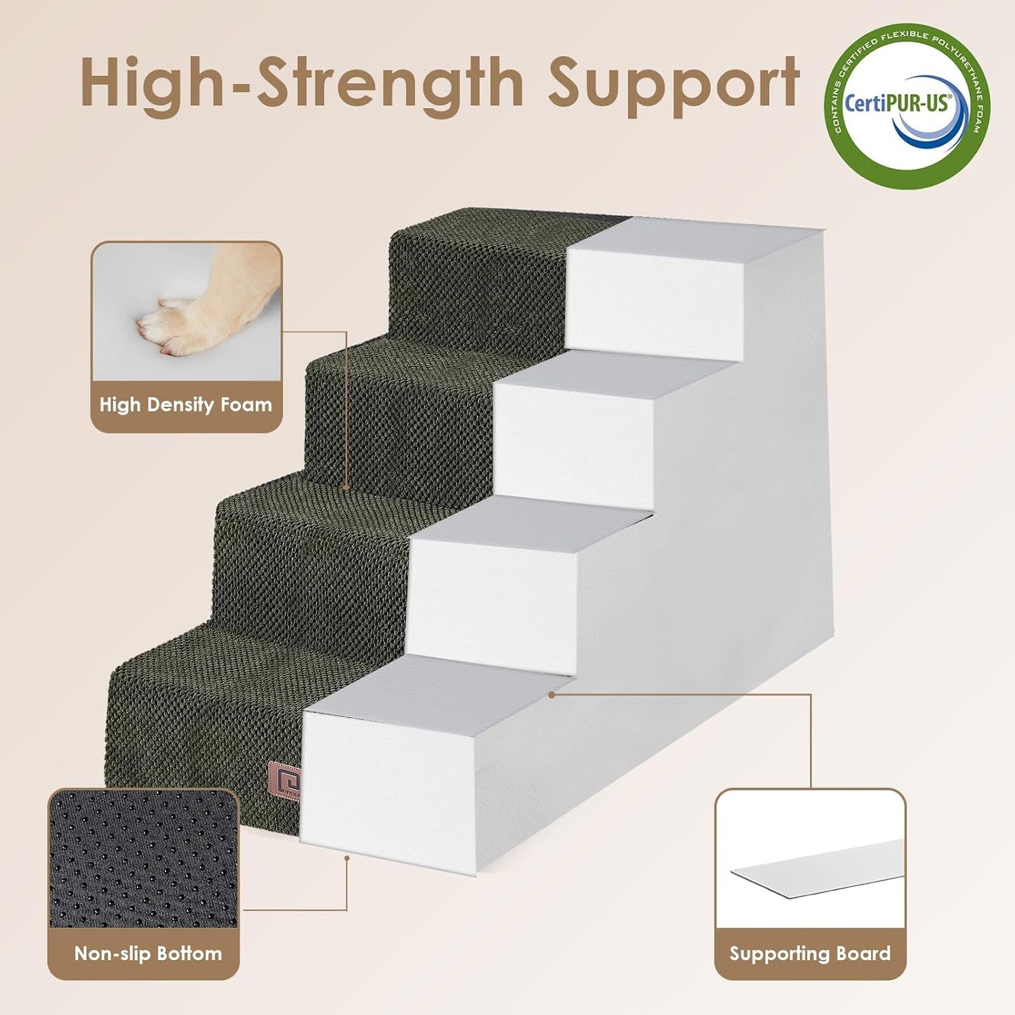 EHEYCIGA Dog Stairs for Bed 20" H, 4-Step Extra Wide Dog Steps for High Bed, Pet Steps for Small Dogs and Cats, Non-Slip Balanced Pet Ramp Indoor, Olive Green