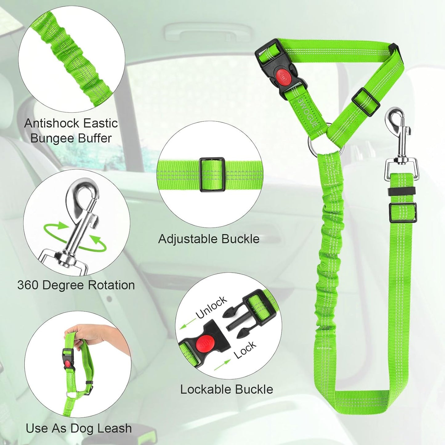 BWOGUE Pet Dog Cat Seat Belt Reflective Car Dog Headrest Restraint Leash Elastic Buffer Bungee Adjustable Tangle-Free Safety Leads Vehicle Seatbelt Harness for Small, Medium and Large Dogs (1 Pack)