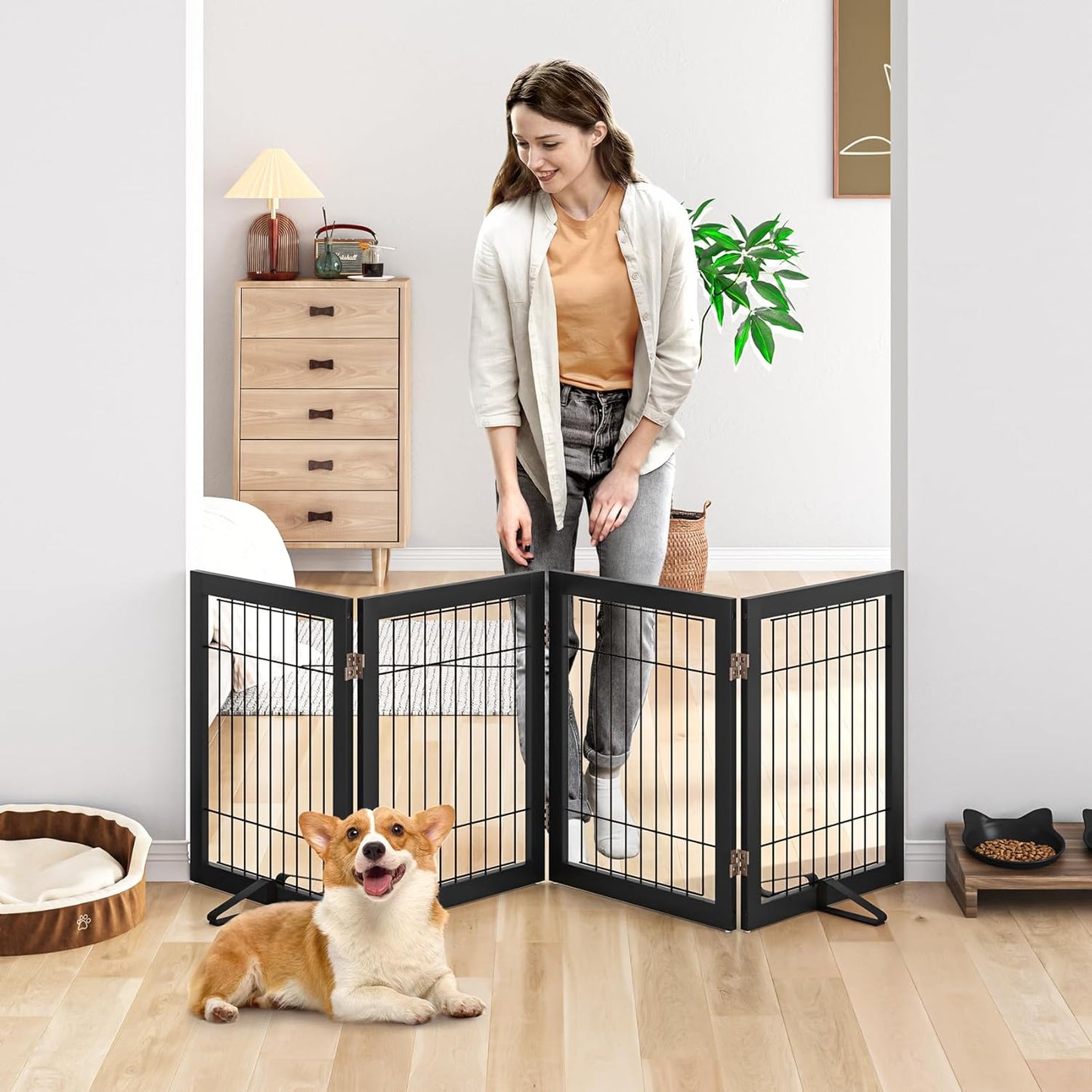 Dog Gate Wire Dog Gates for House Doorways Stairs 24-Inch Freestanding Pet Gate Puppy Fences Indoor (4 Panel, Black)