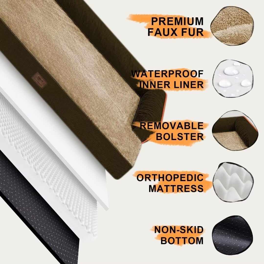 Large Dog Bed Orthopedic Washable - Waterproof with Removable Cover - Memory Foam - XXL Large Big Dogs - Beds Bolster Pet - Couch Sofa - Brown Dog Bed