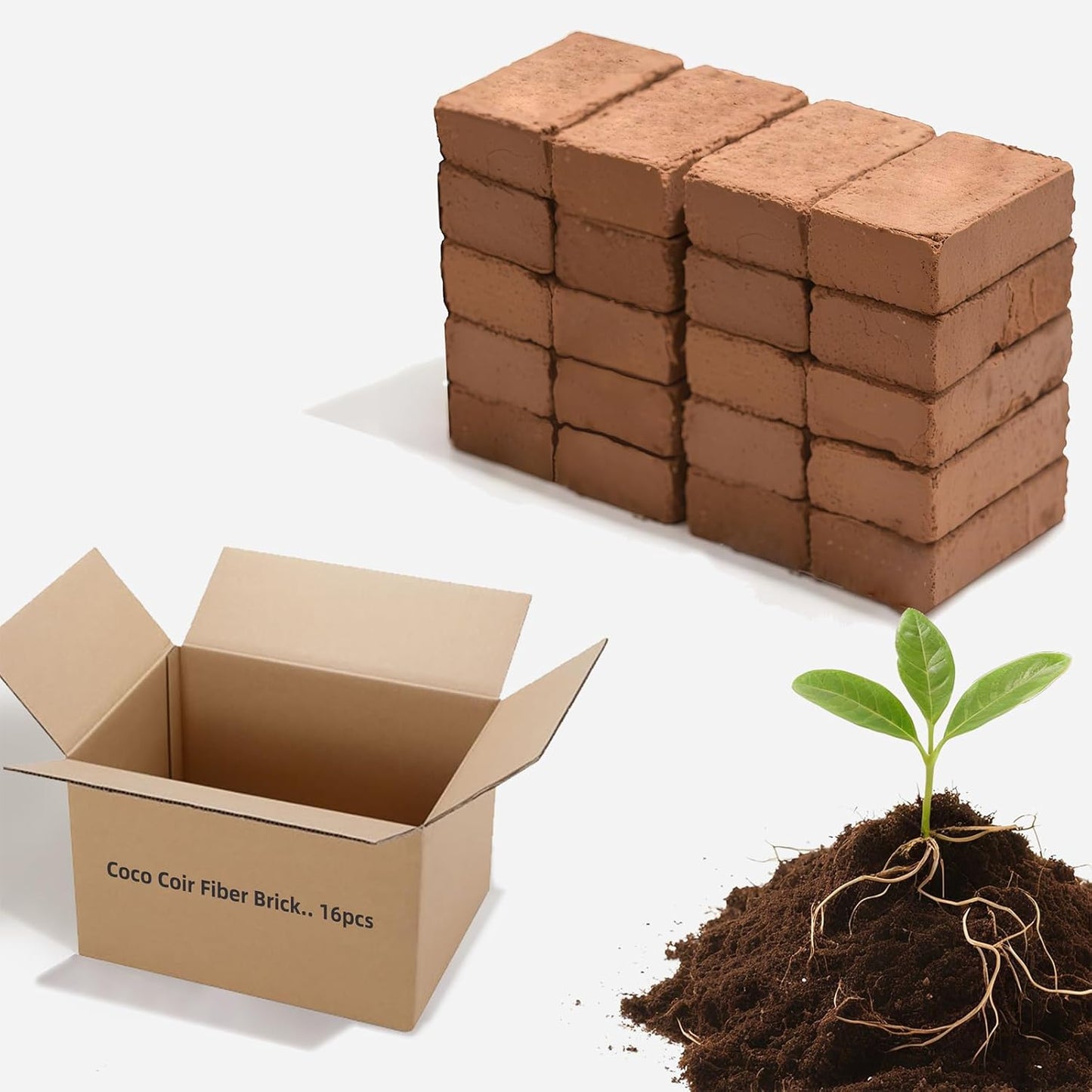 Coco Coir Bricks (16-Pack, Eco-Friendly) -100% Natural Compressed Coco Peat Brick Coconut Fiber Substrate, Plant Soil Enhance Root Growth forVegetable Seed, Herbs, Flowers, House Plants