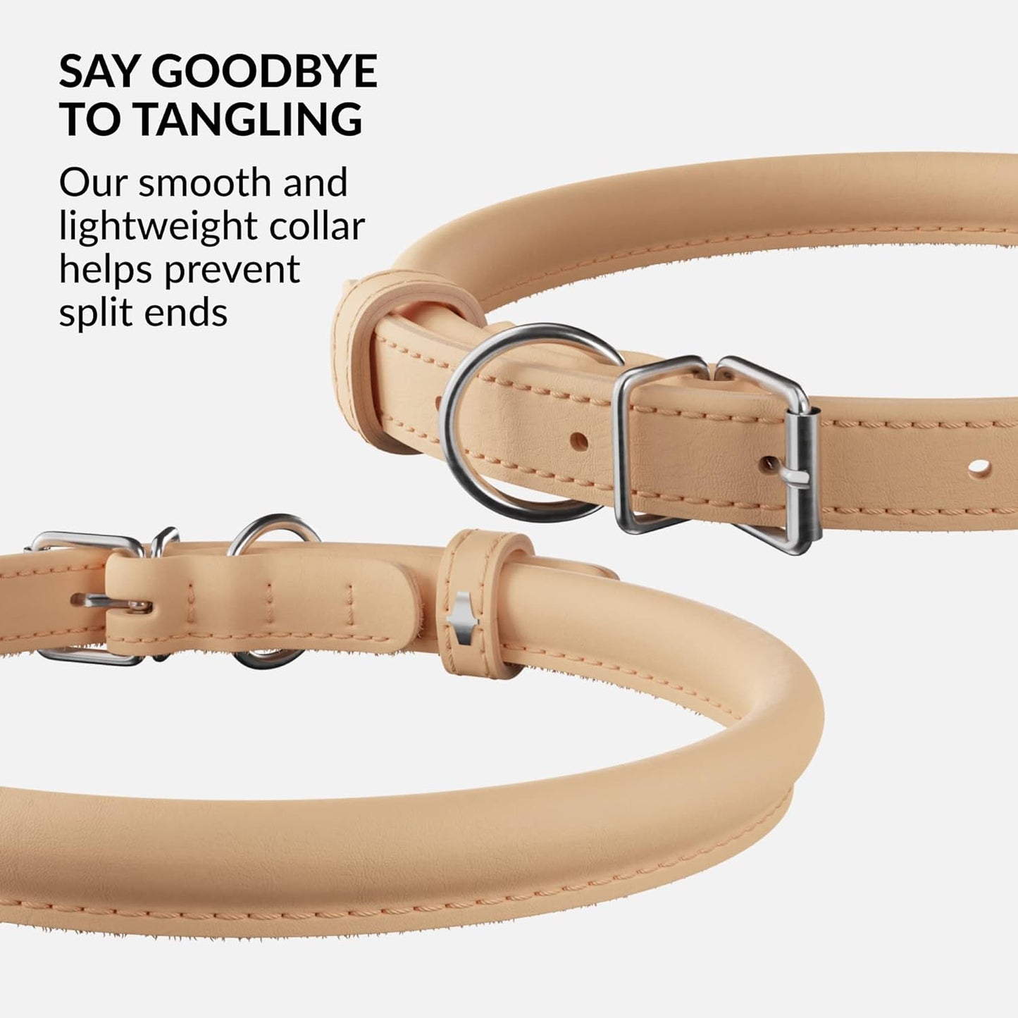 CollarDirect Rolled Leather Dog Collar, Soft Padded Round Puppy Collar, Handmade Genuine Leather Collar Dog Small Large Cat Collars 13 Colors (8-11 Inch, Beige Smooth)