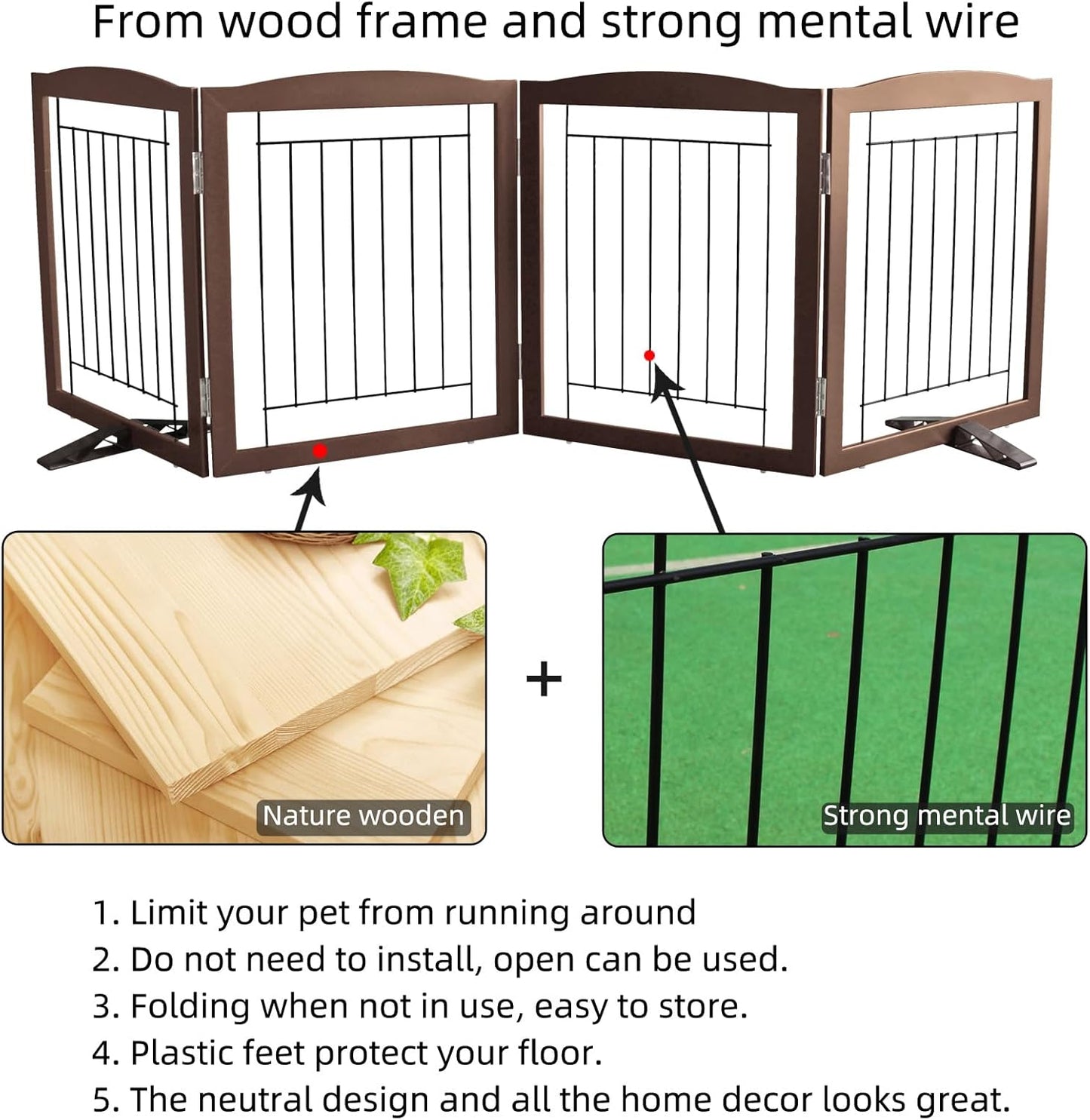 ZJSF Freestanding Dog Fence Indoor, Foldable Dog Gate for Doorways, Stairs or Hallways, Sturdy Wood Extra Wide Pet Gate with Support Feet for The House, Brown, 32 "Height-4 Panels
