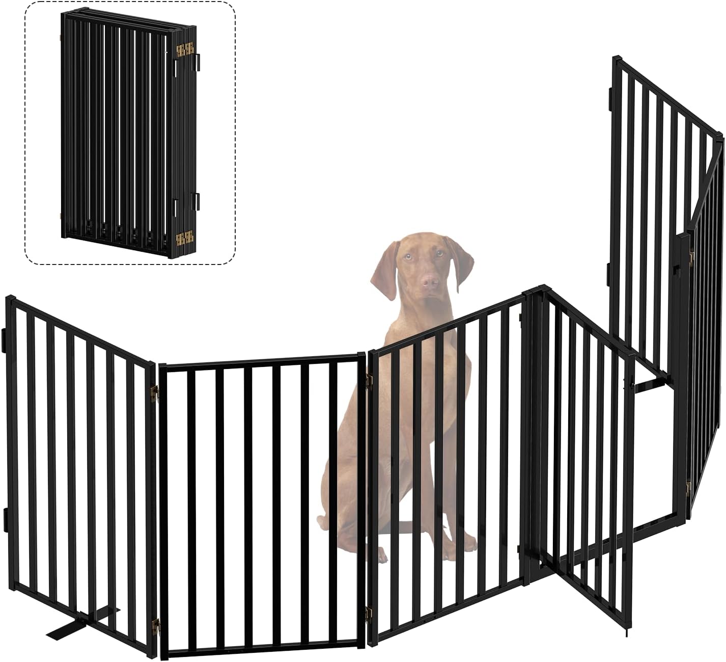 Portable Dog Fence with Door for Indoor Outdoor Use, Free Standing Dog Gate Foldable Design, Metal Black 32" Tall, Expandable 6 Panels Use for Yard, Stairs, Front