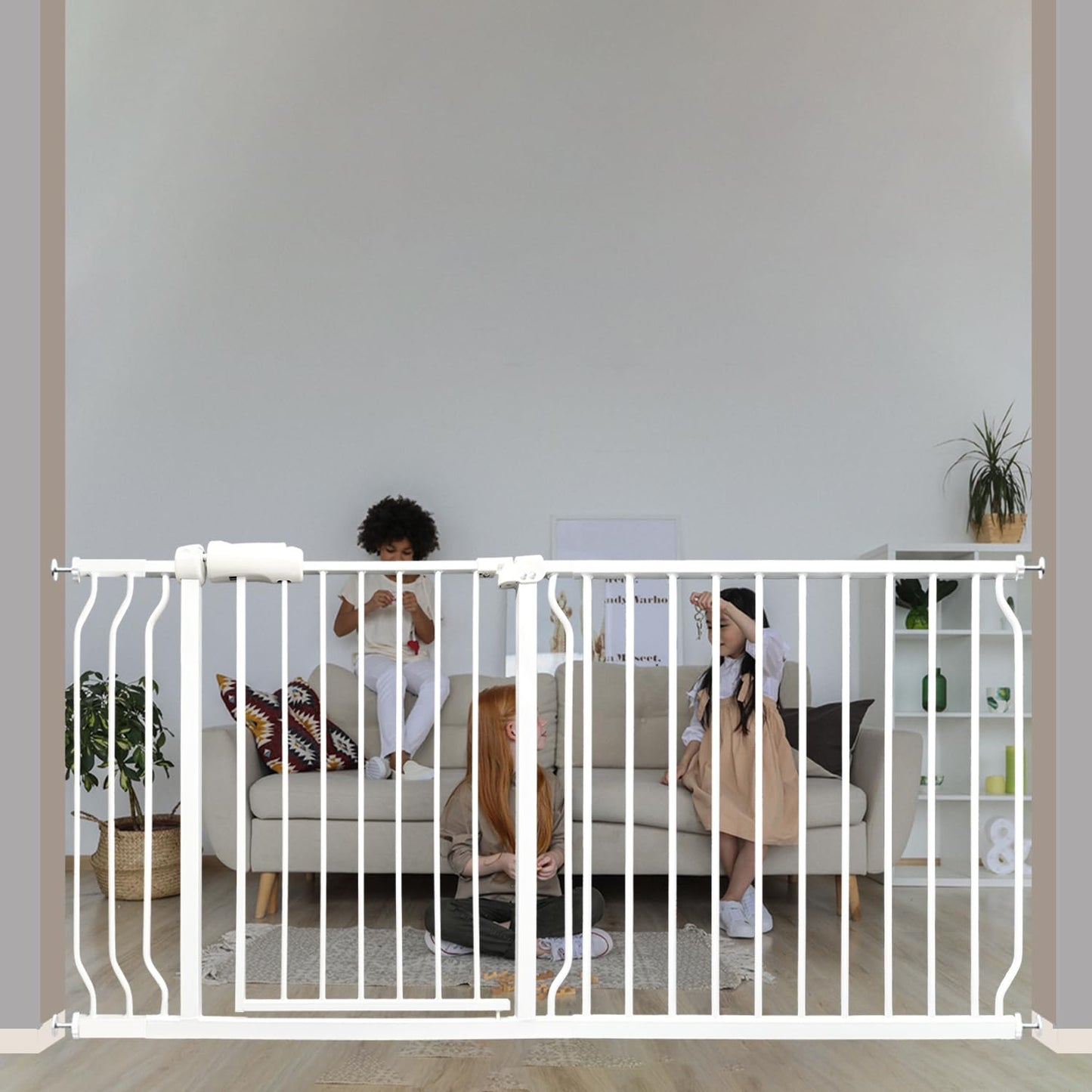 Extra Wide Baby & Dog Gate 62-67 Inch, Pressure Mounted No Drilling, Adjustable Indoor Safety Gate for Stairs & Wide Doorways - Metal Design for Kids and Pets, White