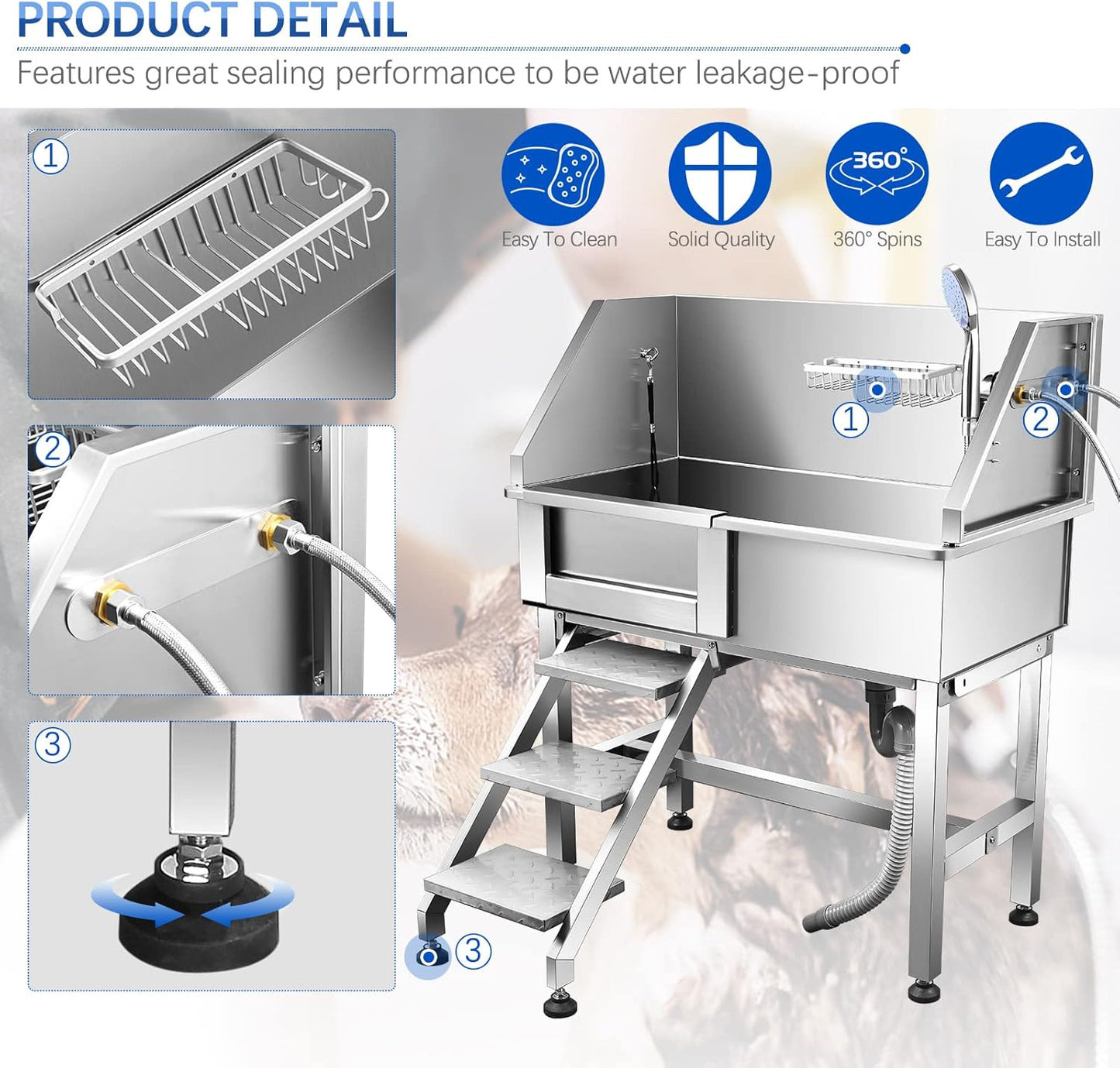 Dog Bath Tub 34'' Small Dogs, Pet Grooming Bahtub Home Washing Station for Small Pets Stainless Steel with Sliding Doors, Left Steps