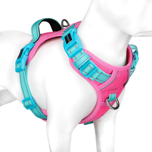 PHOEPET No Pull Dog Harness, Unique Colors Reflective Adjustable Dog Vest, with Soft Training Handle Metal Clips for Small Medium Large Dogs (Pink Base & Green Straps,M)