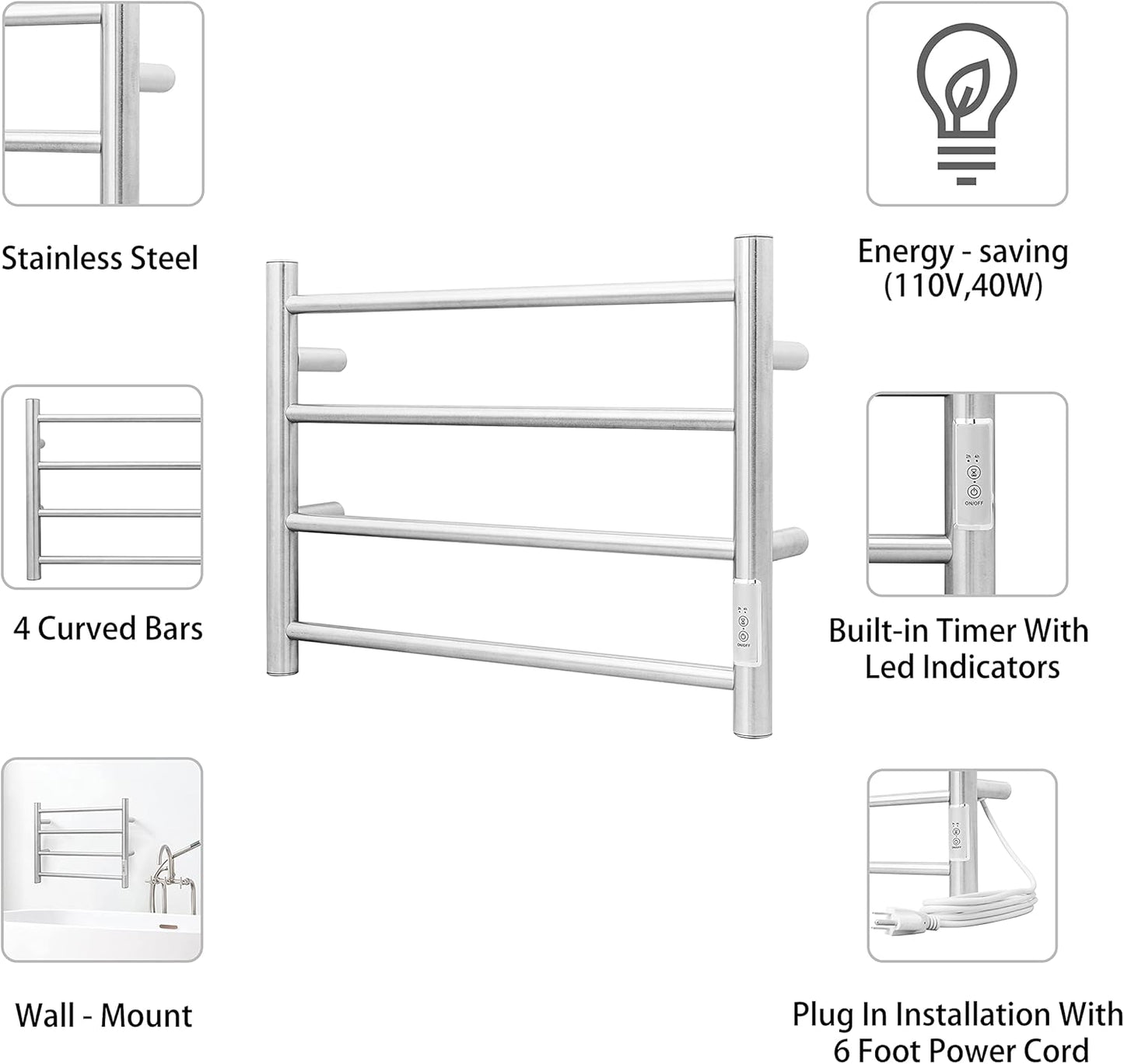 KEG Towel Warmer Wall Mounted with Built-in Timer 4 Bars Electric Stainless Steel Heated Towel Racks for Bathroom, Hot Plug-in Bath Towel Heater Brushed Nickel