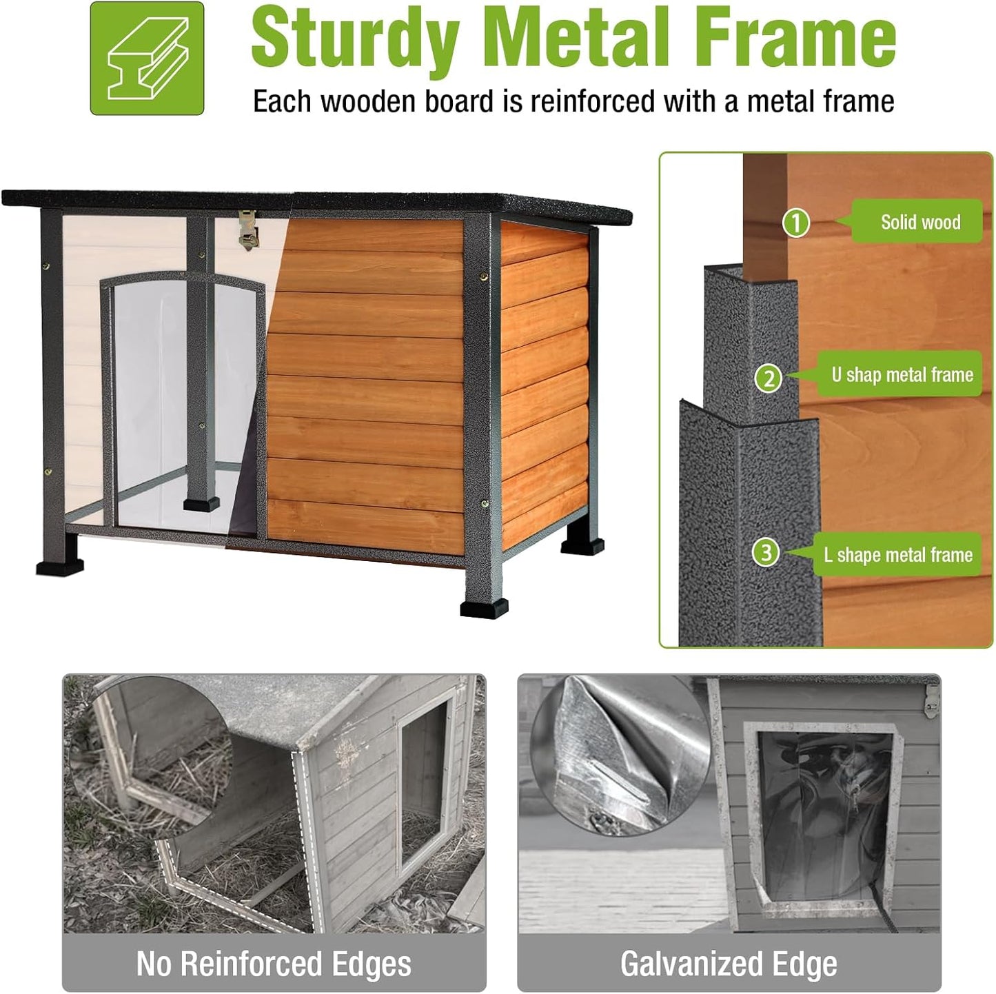 GUTINNEEN Heated Dog House Outdoor 35.5" Large Dog Kennel with Metal Frame Insulated Dog Crate Cage for Large Dogs Outside with Heater and Insulated Liner, Brown