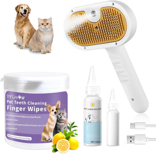 Pet Steam Brush for Dog & Cat – 3-in-1 Spray Hair Removal Comb for Shedding & Grooming – Water Brush for Long & Short Haired Pets – Includes Waterless Shampoo & Dental Wipes