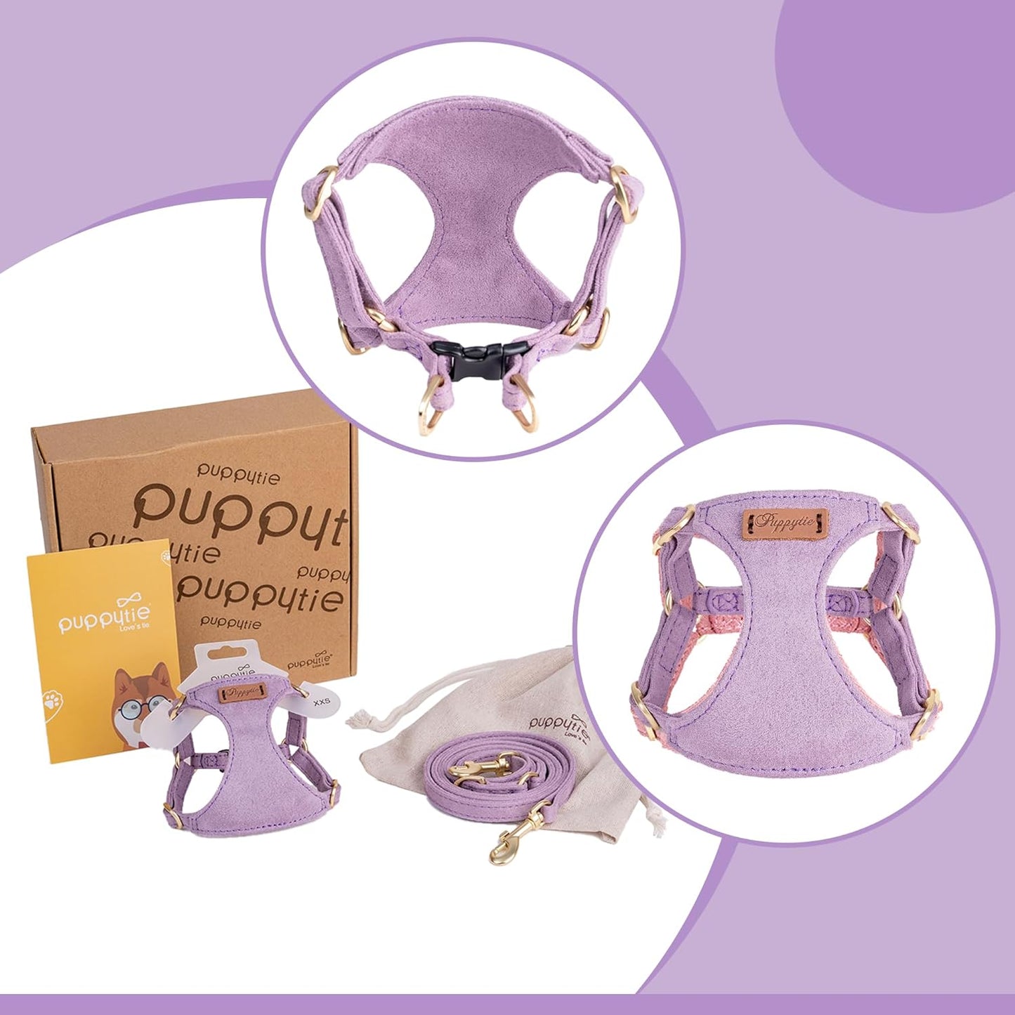 Puppytie No Pull xs Dog Harness with Multifunction Dog Leash,Soft Adjustable No Choke Escape Proof Pet Harness Vest,Light Purple,XS