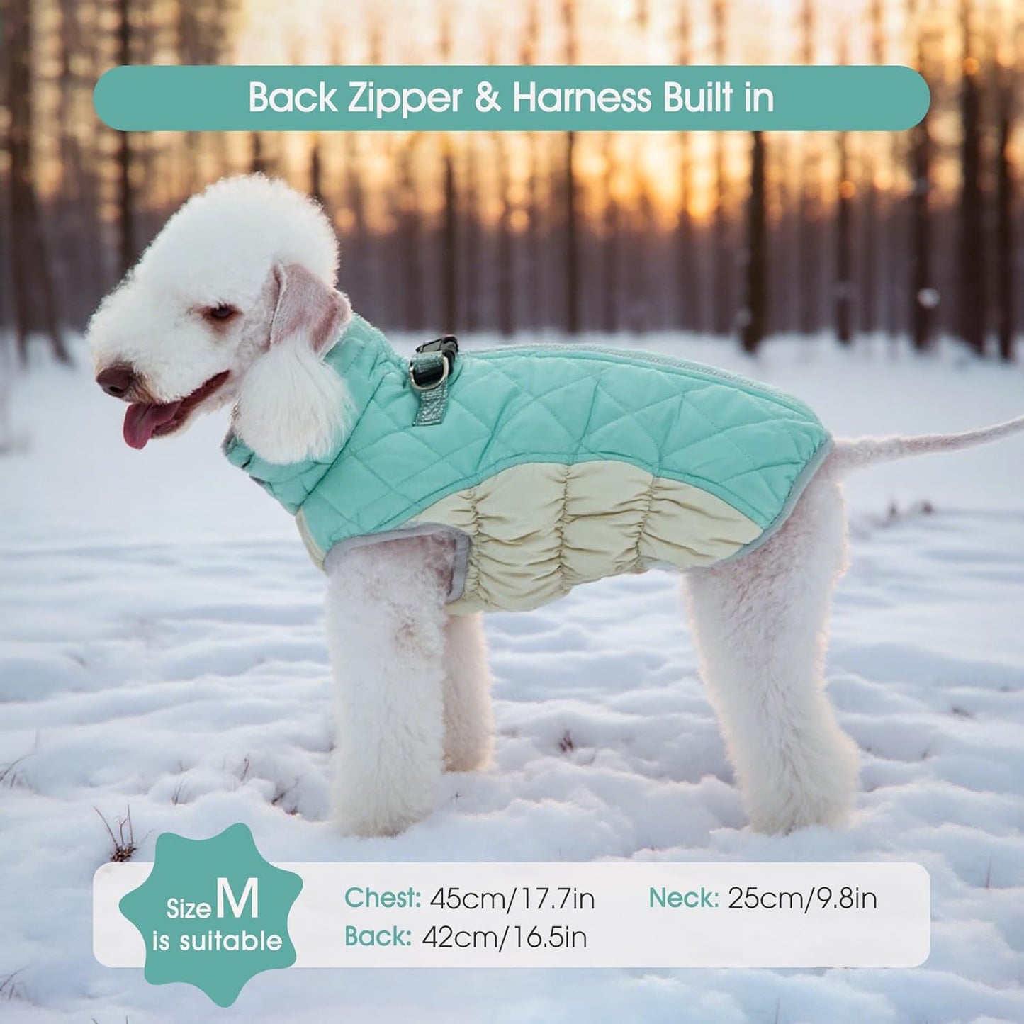 FUAMEY Dog Coat for Large Dogs,Waterproof Dog Winter Jacket with Harness Built in Puppy Cold Weather Coats Reflective Pet Vest with Zipper Warm Fleece Dogs Snowsuit Windproof Mint Green XXL
