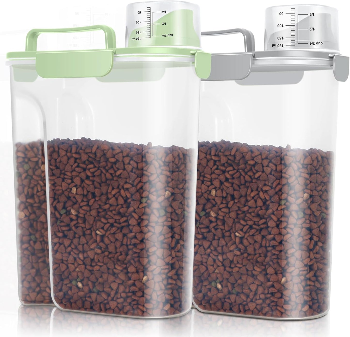 TBMax Pet Dog Cat Food Storage Containers 2 Pack 10 to 14 Lbs, Airtight Cat Food Dispenser with Large Spout & Portable Handle, Travel Dog Treat Storage Bin Bird Seed Container -Light Green/Light Grey