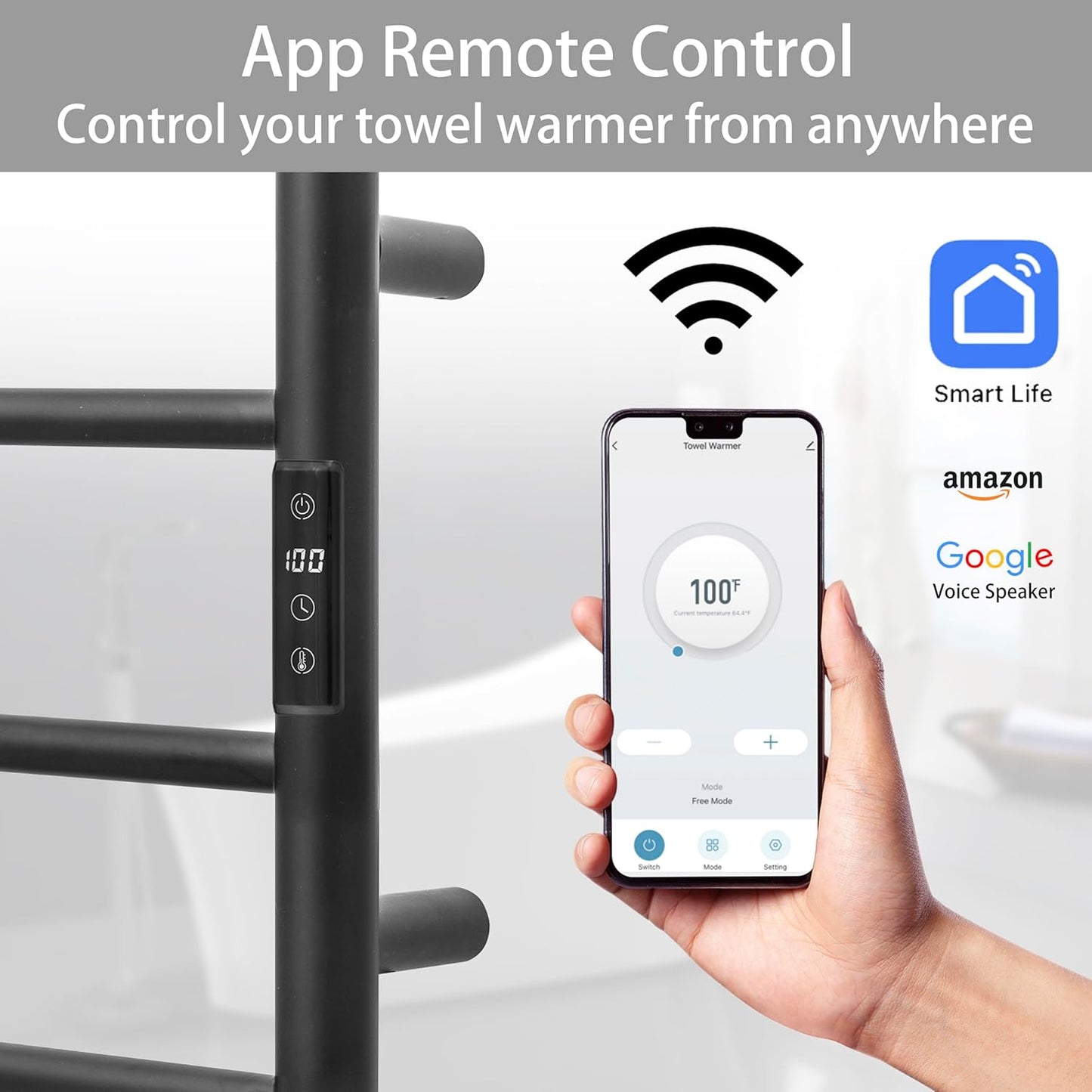 KEG Smart WiFi Towel Warmer Wall Mounted with Built-in Timer and Temperature Adjust Control, 8 Bars Electric Stainless Steel Heated Towel Racks for Bathroom Black