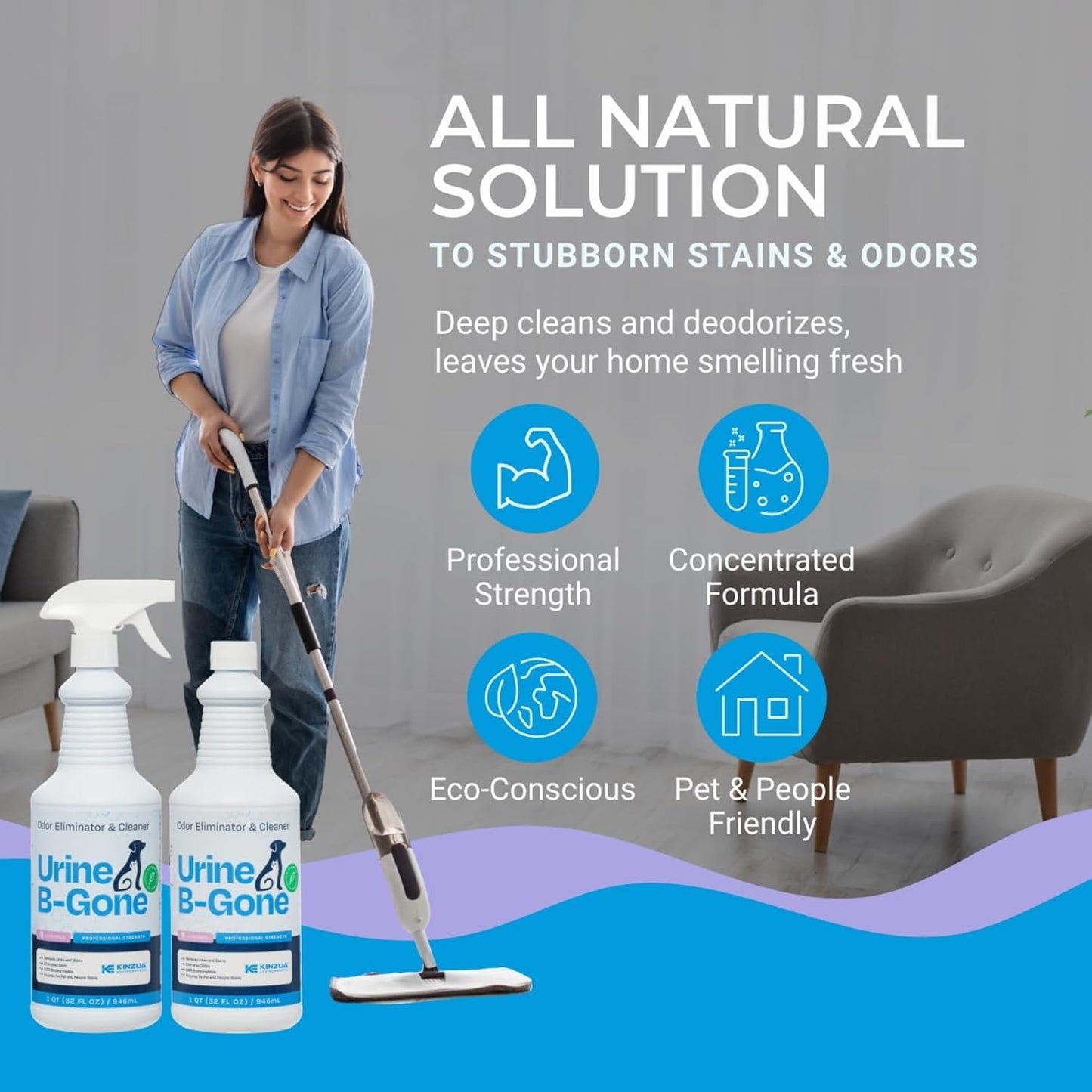 KINZUA ENVIRONMENTAL Urine B-Gone, Professional Enzyme Odor Eliminator & Pet Stain Remover, Human, Cat & Dog Urine Cleaner, Effective on Laundry, Carpets & More, Lavender Scent, 32oz, Pack of Two