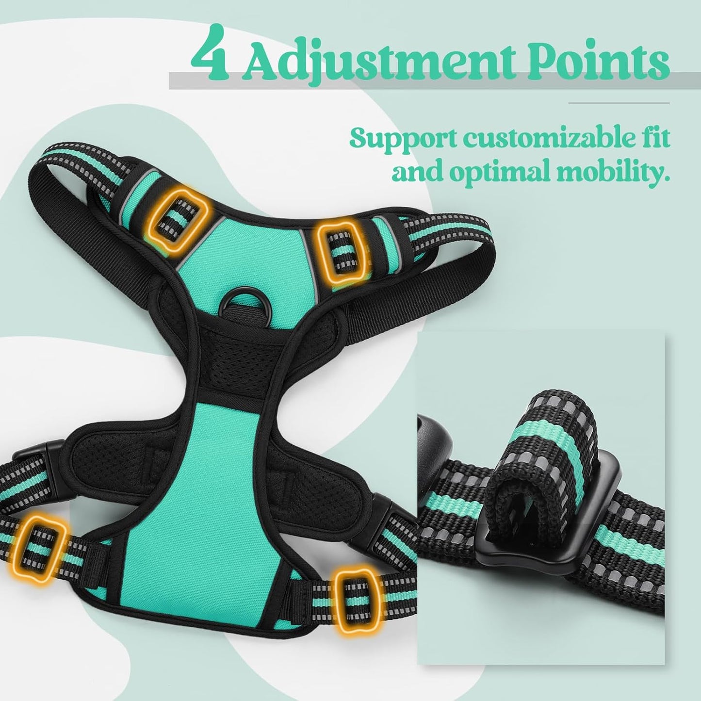 rabbitgoo Dog Harness No Pull with 2 Leash Clips, Adjustable Soft Padded, Reflective Oxford No Choke Pet Vest with Easy Control Handle for Large Dogs, Turquoise, XL