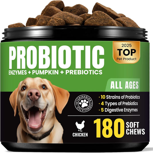 Probiotics for Dogs - Dog Probiotics with 5 Enzymes & 4 Prebiotics for Itchy Skin, Pet Probiotics lab for Digestion & Gut Support, Helps Diarrhea, Yeast Infection, Allergies & Immune System -180 Chews