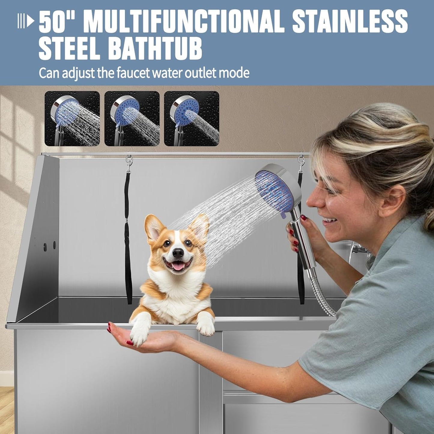 50" Dog Bathing Station, Professional Dog Washing Station Stainless Steel Dog Grooming Tub for Home,Equipped with Three Anti-Slip Steps, Removable Door, Pet Wash Station for Pet (50" Right ramp)