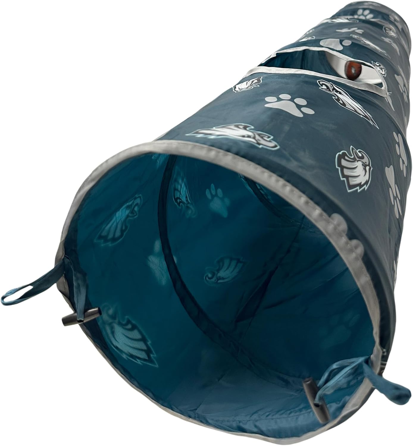 NFL Philadelphia Eagles Cat Tunnel Tube Toy with Plush Football Catnip and Feathers Collapsible Tunnel for Cats to Play, Peek and Hide, Sporty & Fun Cat Tunnel Toy with Team Logo All-Over Design!