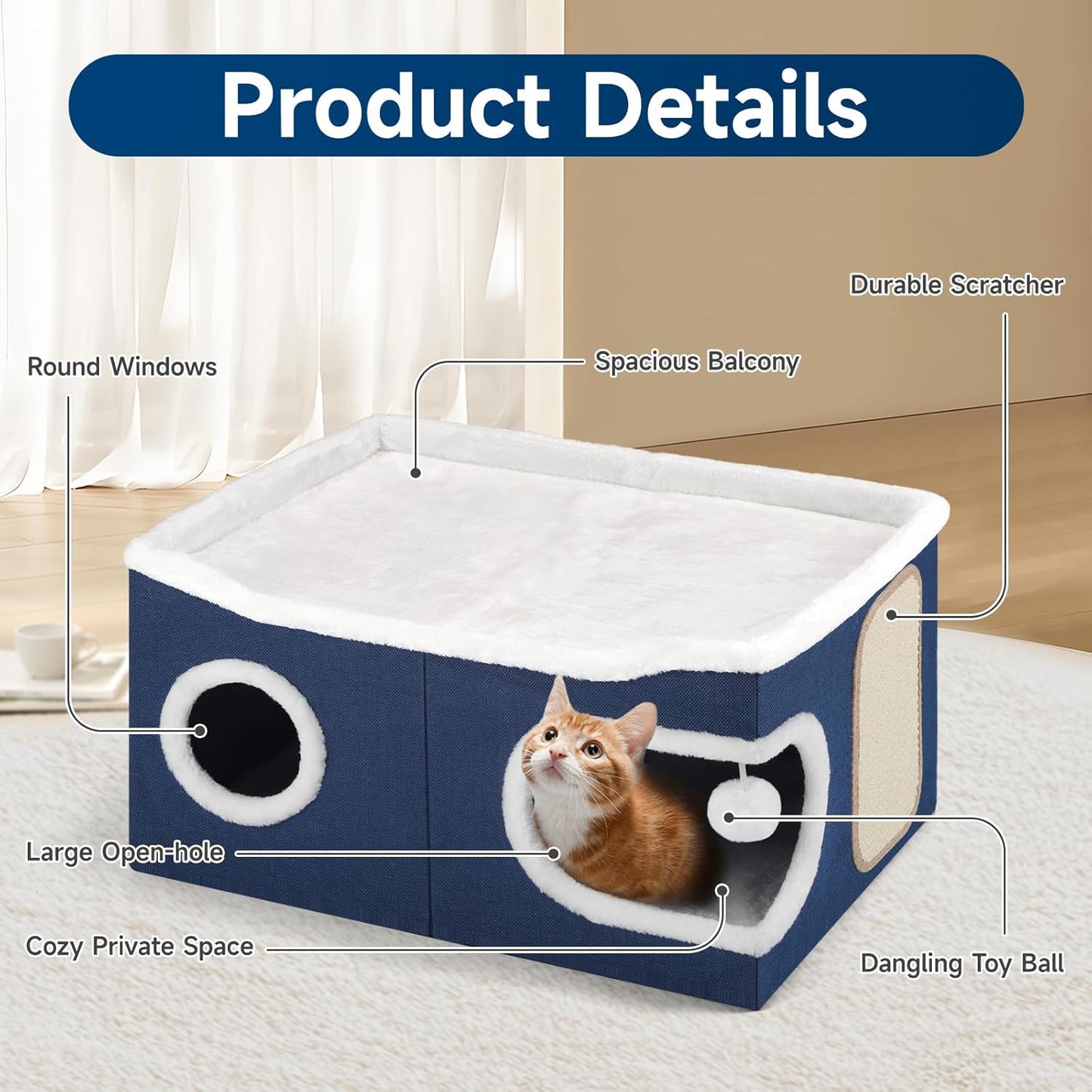 Cat Beds for Indoor Cats, Extra Wide Cat Cube House for Multi Cats, Foldable Cat Cave Hideaway with Arc-Edge Design & Oval Door, Double-Side Soft Cushion for All Seasons, 24"L x 17.7"D x 12.6"H, Blue