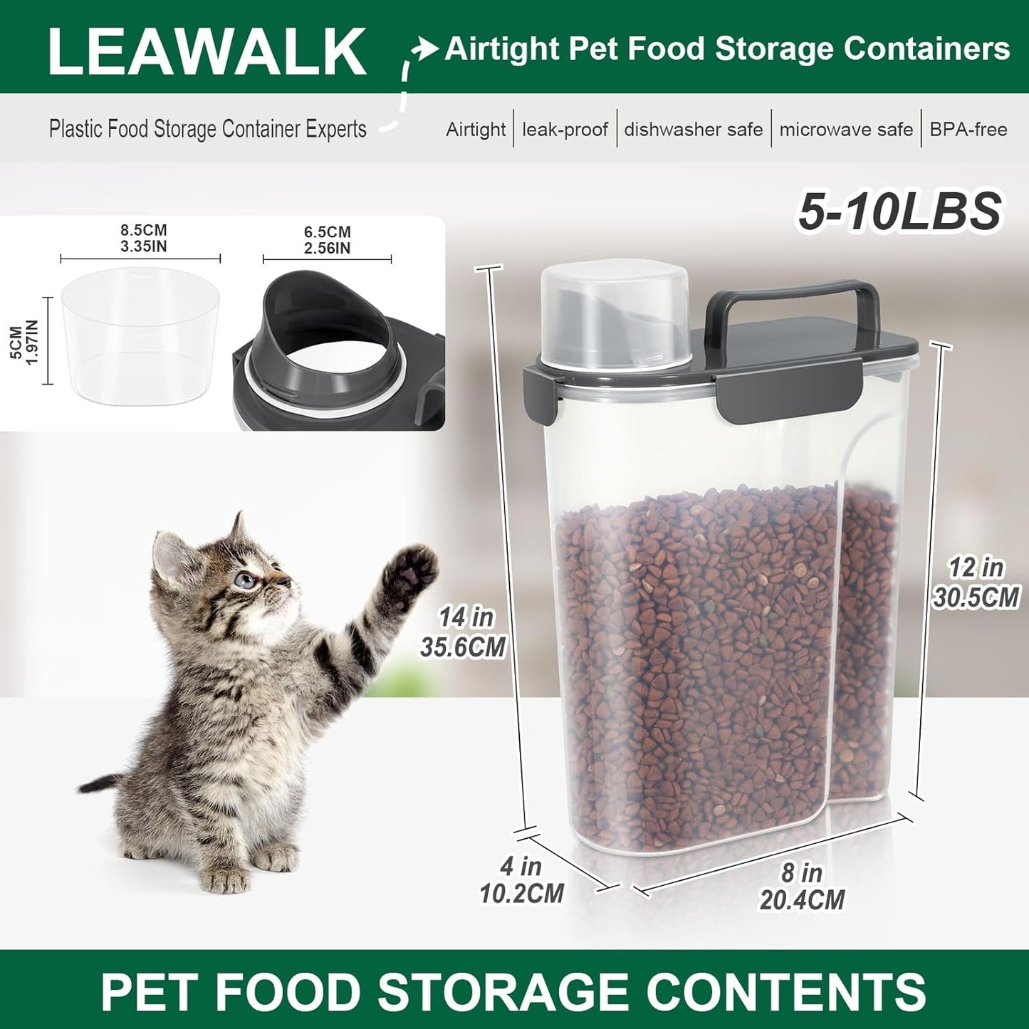 5-7Lbs Cat Dog Storage Container, Portable Pet Food Containers with Upgraded Large Spout and Cup, Small Animal Kibble Dispenser for Bird Seed, Oatmeal, Rice, Flour (2, Dark Gray, 5L)