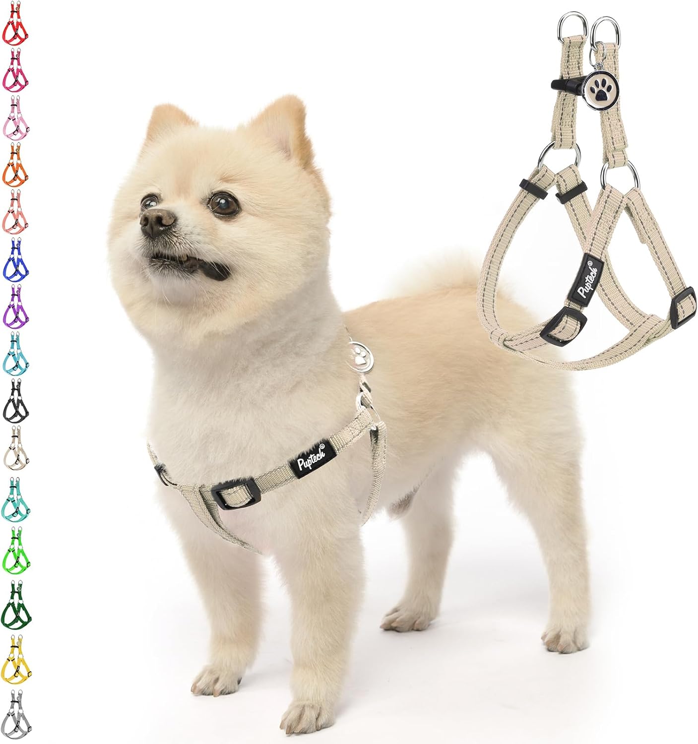 PUPTECK No Pull Dog Harness Soft Adjustable Basic Nylon Step in Puppy Vest Outdoor Walking with ID Tag, Reflecive Beige, S