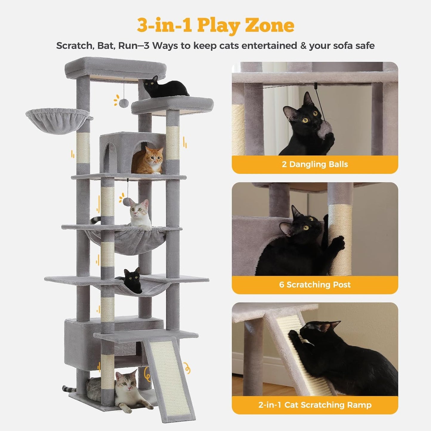 81" Heavy Duty Cat Tree for Large Cats up to 20lbs - Extra Tall Cat Tower with Metal Frame Hammock, 6 Sisal Scratching Posts, 2 Perches - Indoor Cat Furniture for Maine Coon, Big Cats, Gray