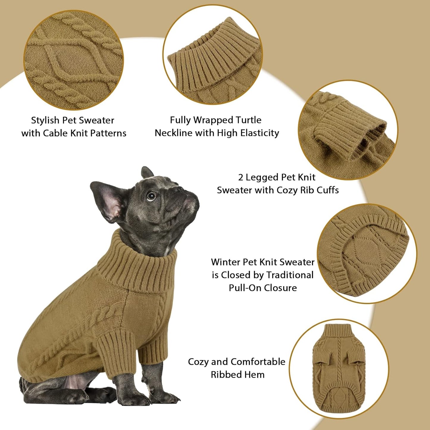 Queenmore Small Dog Pullover Sweater, Cold Weather Cable Knitwear, Classic Turtleneck Thick Warm Clothes for Chihuahua, Bulldog, Dachshund, Pug (Light Brown, Small)