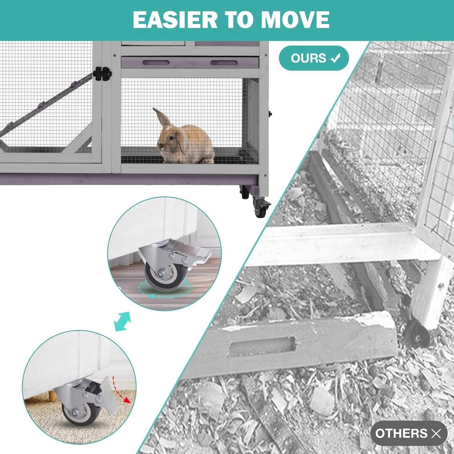 Rabbit Hutch Indoor for 2-4 Rabbits & Guinea Pigs，Bunny Cage with Slide-Out Plastic Trays，Wooden Small Animal Cage for Rabbits, Bunnies, and Guinea Pigs