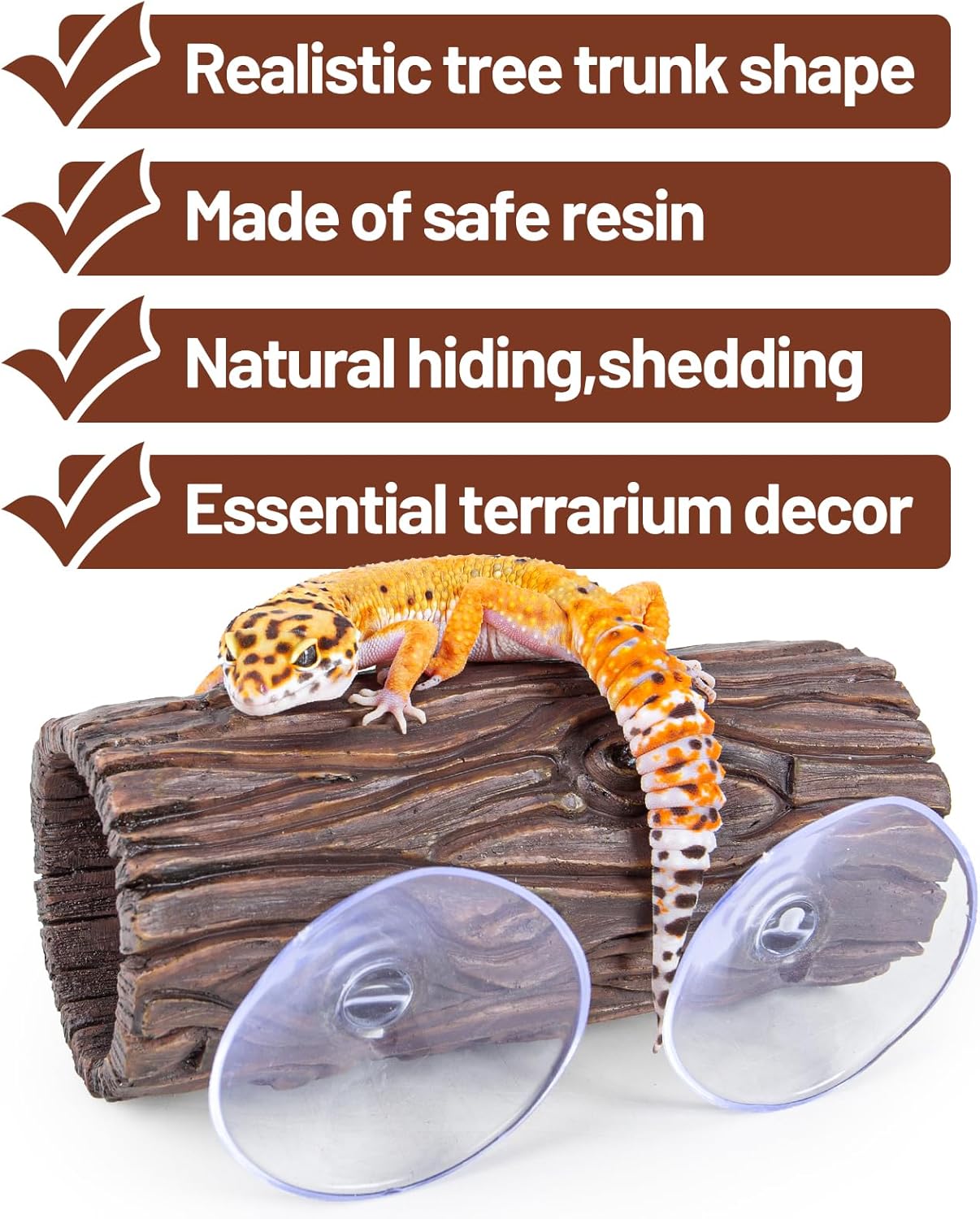 Reptile Hide, Resin Hollow Log Hideout with 2pcs Powerful Suction Cup, Reptile Tank Accessories Climbing Toys Terrarium Hideaway Caves Decor for Gecko, Lizard, Snakes, Hermit Crabs, Forgs