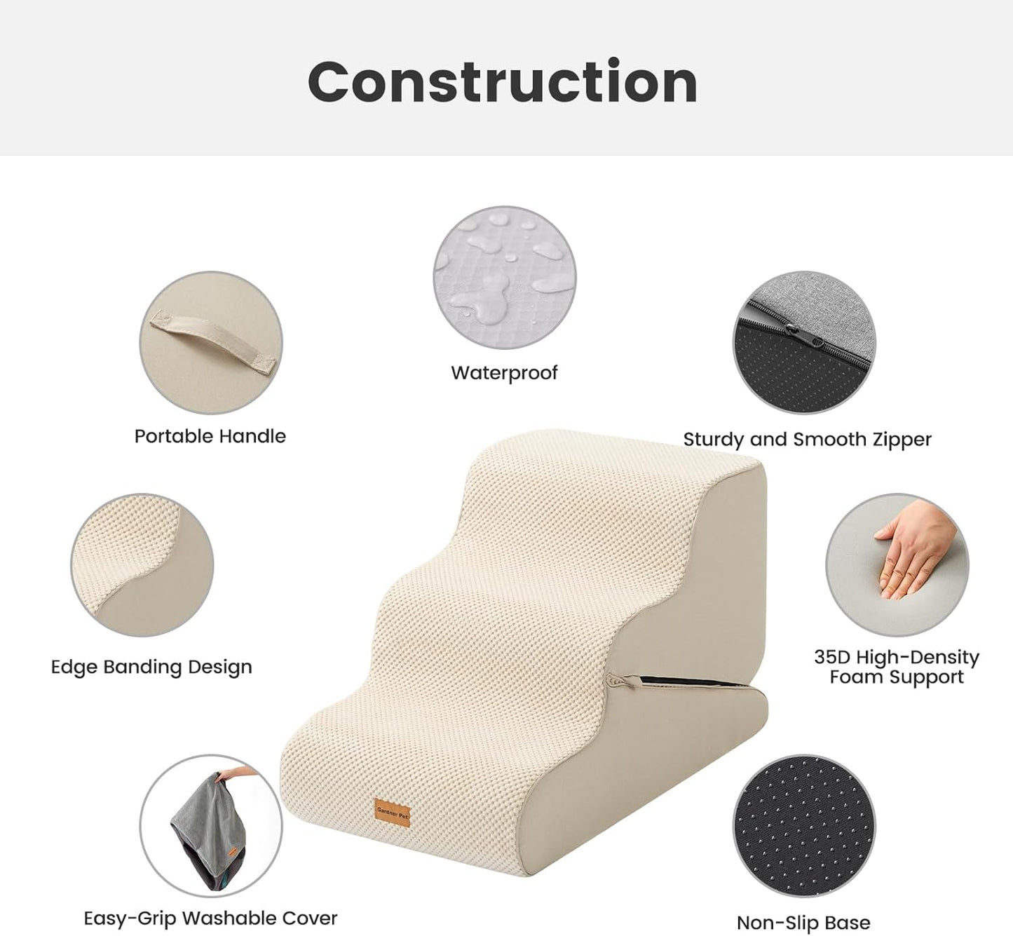 Gardner Pet Dog Stairs for Small Dogs 16.5" H, 2 in 1 Transformable 3-Step Pet Stairs and Dog Ramp for Couch (13-20 in), Beige Adjustable Pet Steps with Non-Slip Waterproof Cover and CertiPUR-US Foam