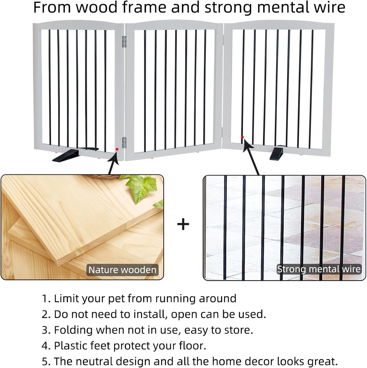 ZJSF Freestanding Panel Dog Gate for Indoor, Doorways,Stairs, or Hallways,Foldable Wooden White Dog Gates for House,Pet Gate for Dogs,Dog Fence, Puppy Gate,Support Feet Included,32 "Height-3 Panels