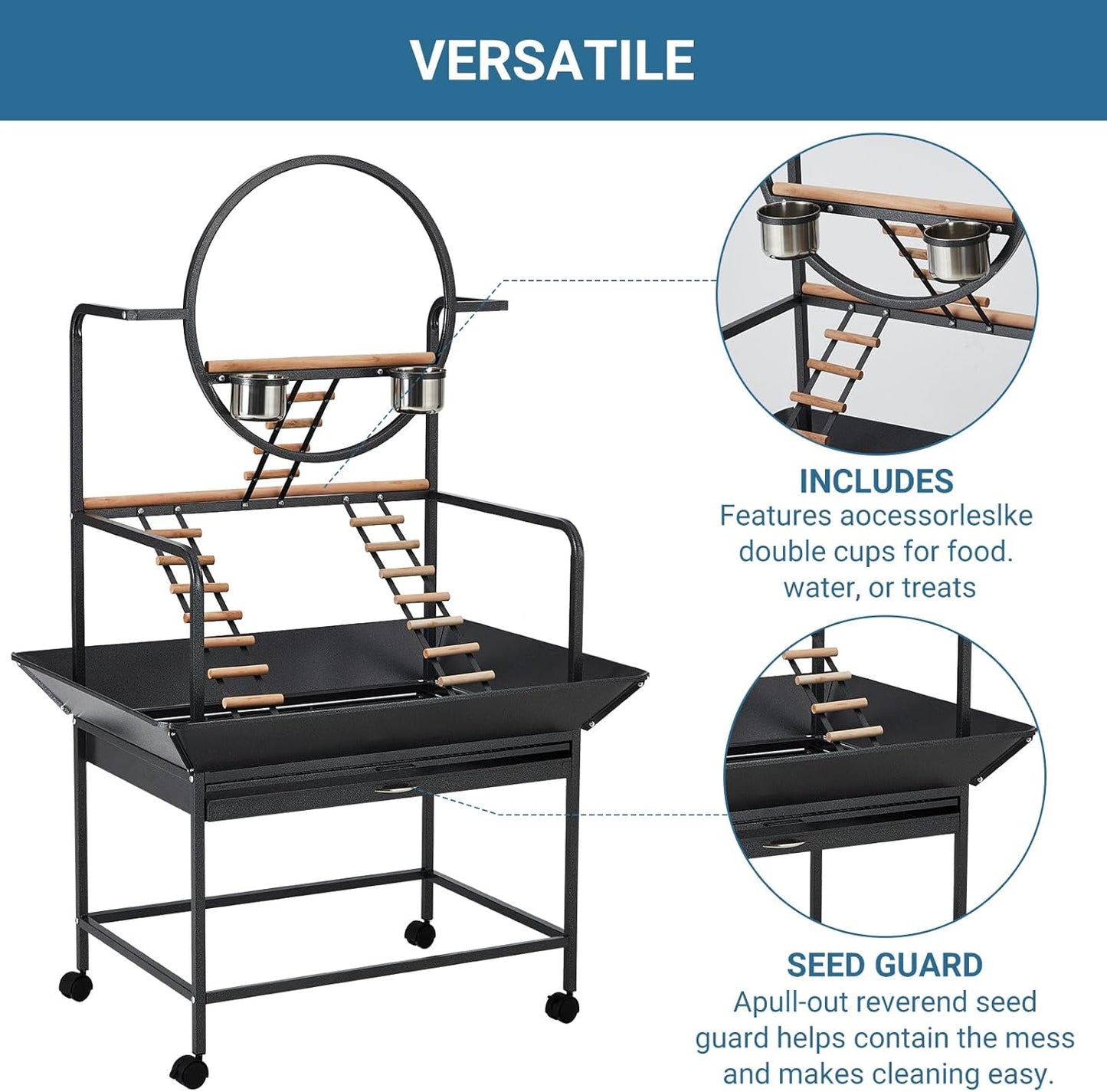 Bird Playstand, 66'' H Inch Birdcage Stand Activity Play Center with Perches and Ladders, Removable Tray, Indoor Outdoor Playground for Parakeet,Cockatiels Conures Parrots, Lockable Caster,Black