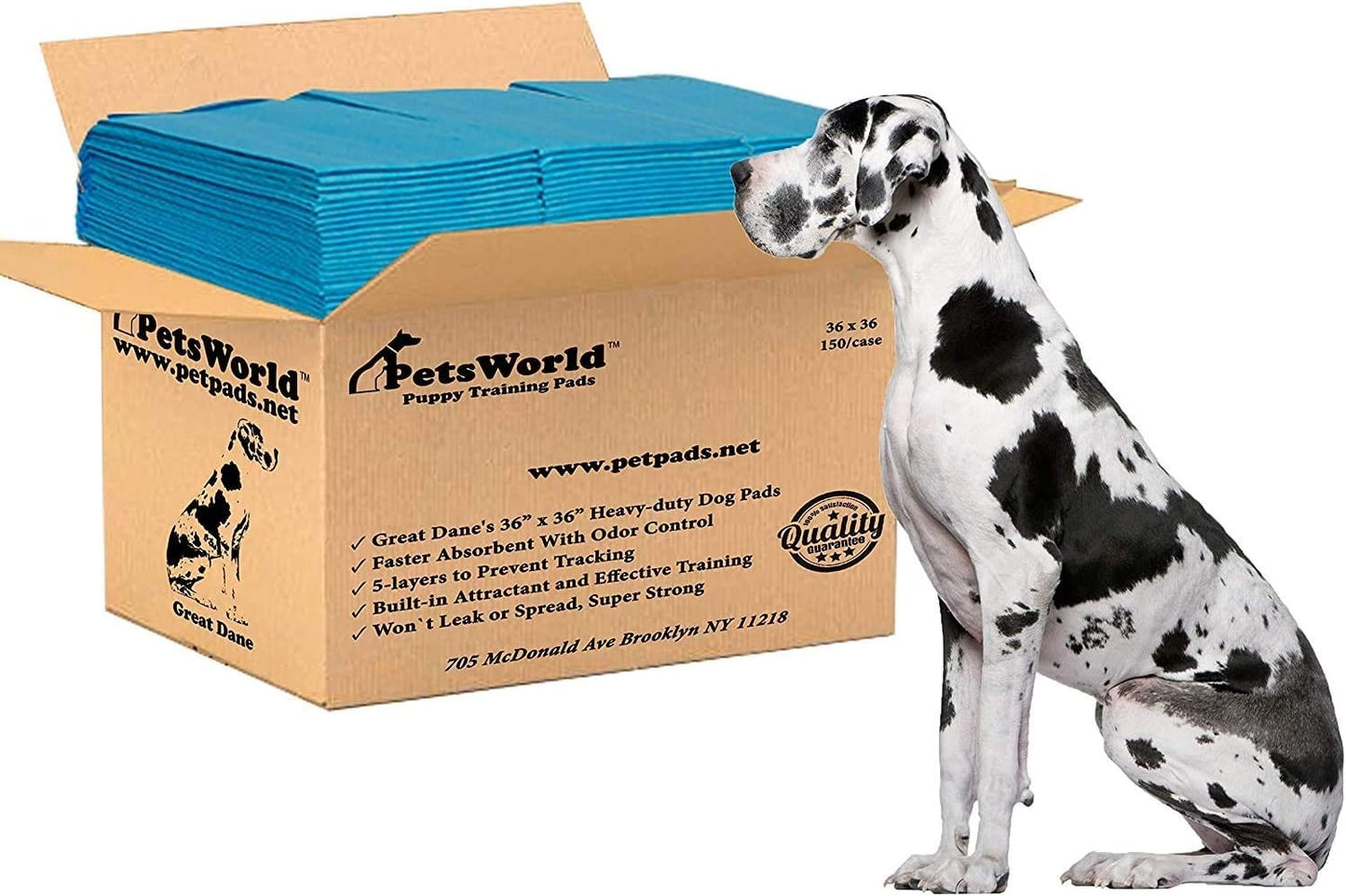 PETSWORLD Giant Dog Potty Pads, Odor-Eliminating, 36" x 36", Ultra Absorbent 5-Layer Leak-Proof Training Pads for Dogs & Cats (36x36, 150 Count)
