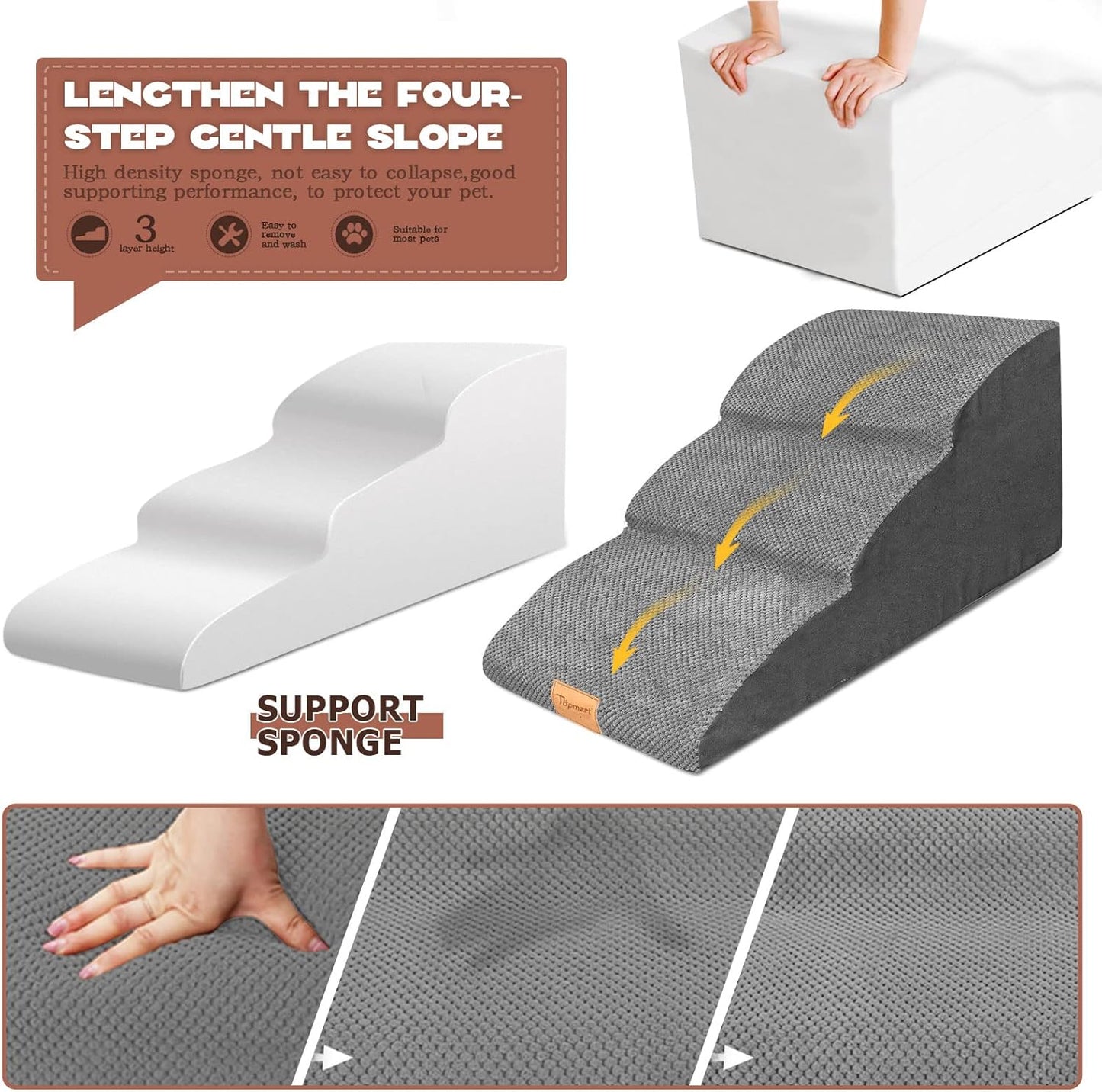 Topmart High Density Extended Foam Dog Ramp&Steps 3 Tiers,15.7" High,Non-Slip Dog Stairs with Waterproof Cover,Soft Foam Pet Ladder,Best for Injured,Older Cats,Pets with Joint Pain