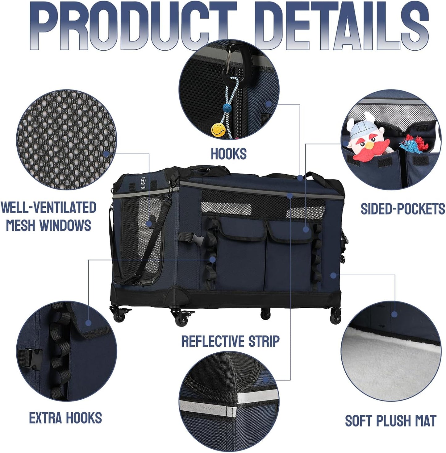 30IN Soft Collapsible Dog Crate w Detachable Wheels, Rolling Travel Dog Crate for Medium Breed Dogs, Portable Dog Kennel with Mesh Windows, Indoor & Outdoor Uses