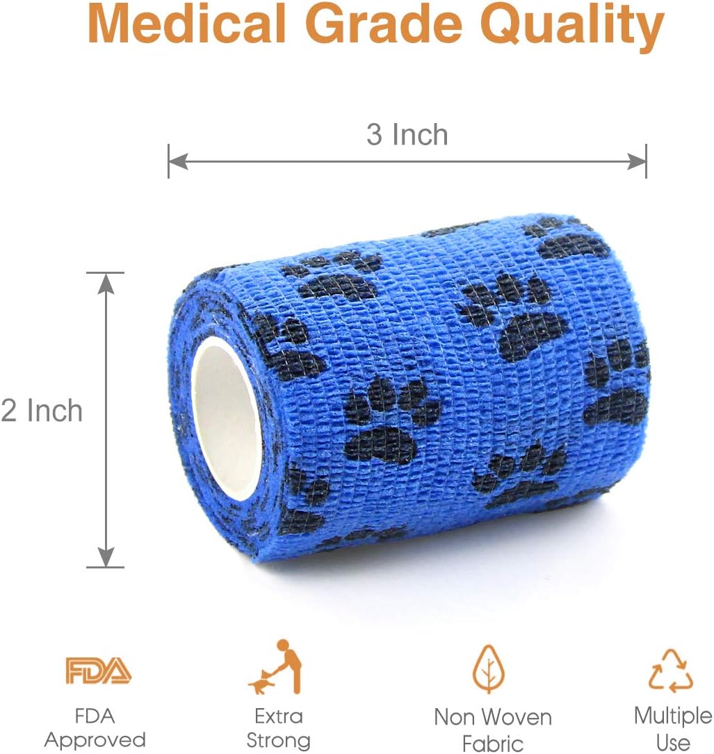AUPCON Vet Wrap Cohesive Bandages Bulk Self Adhesive Bandage Wrap Self Adherent Wrap Non-Woven for Dogs Pet Animals & Ankle Sprains & Swelling (3 Inch Blue Claw)