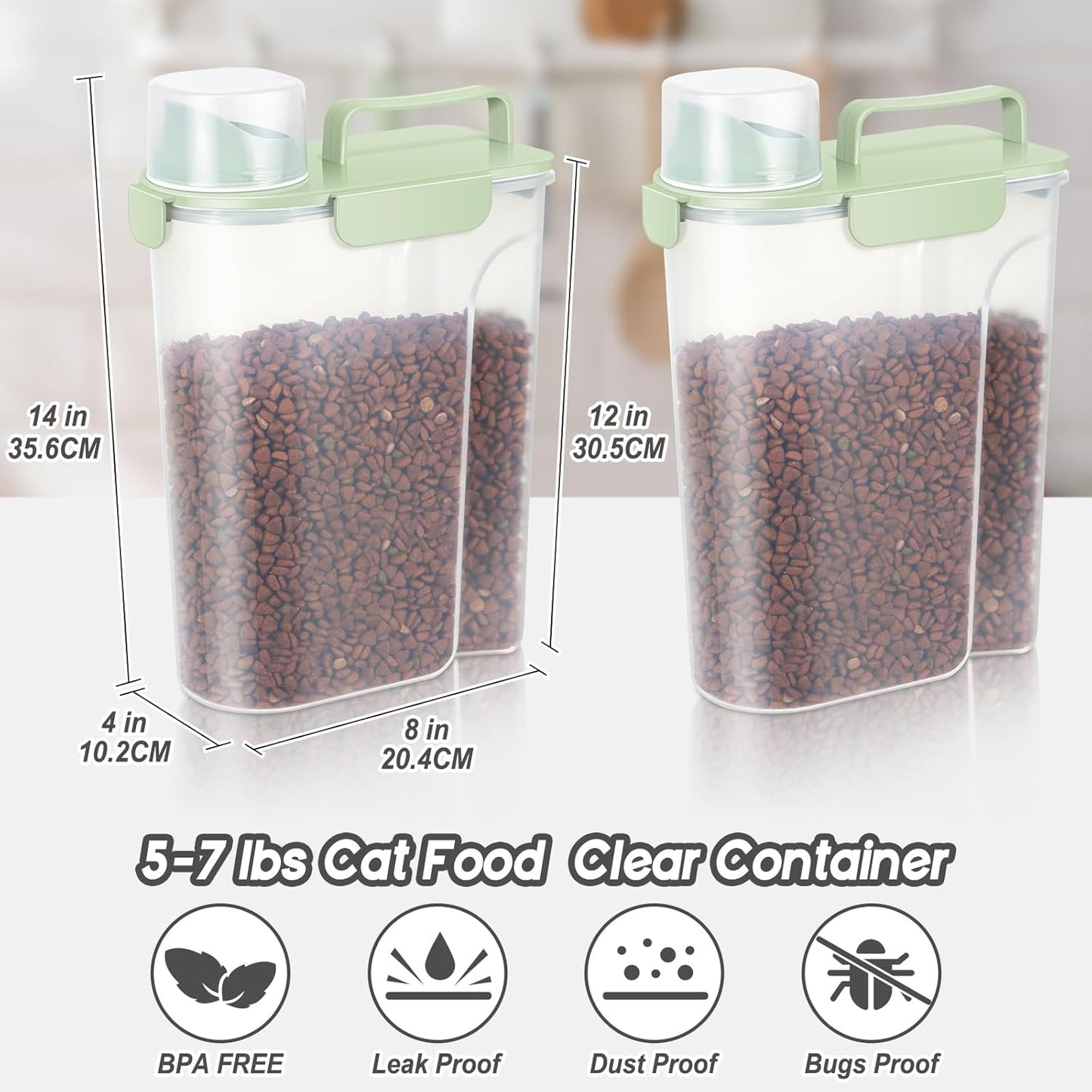 5-7Lbs Dog Cat Food Storage Container with Upgraded Large Nozzle BPA-free, 4 Snap Seals Plastic Pet Food Storage Containers with Handles (2, Light Green, 5L)