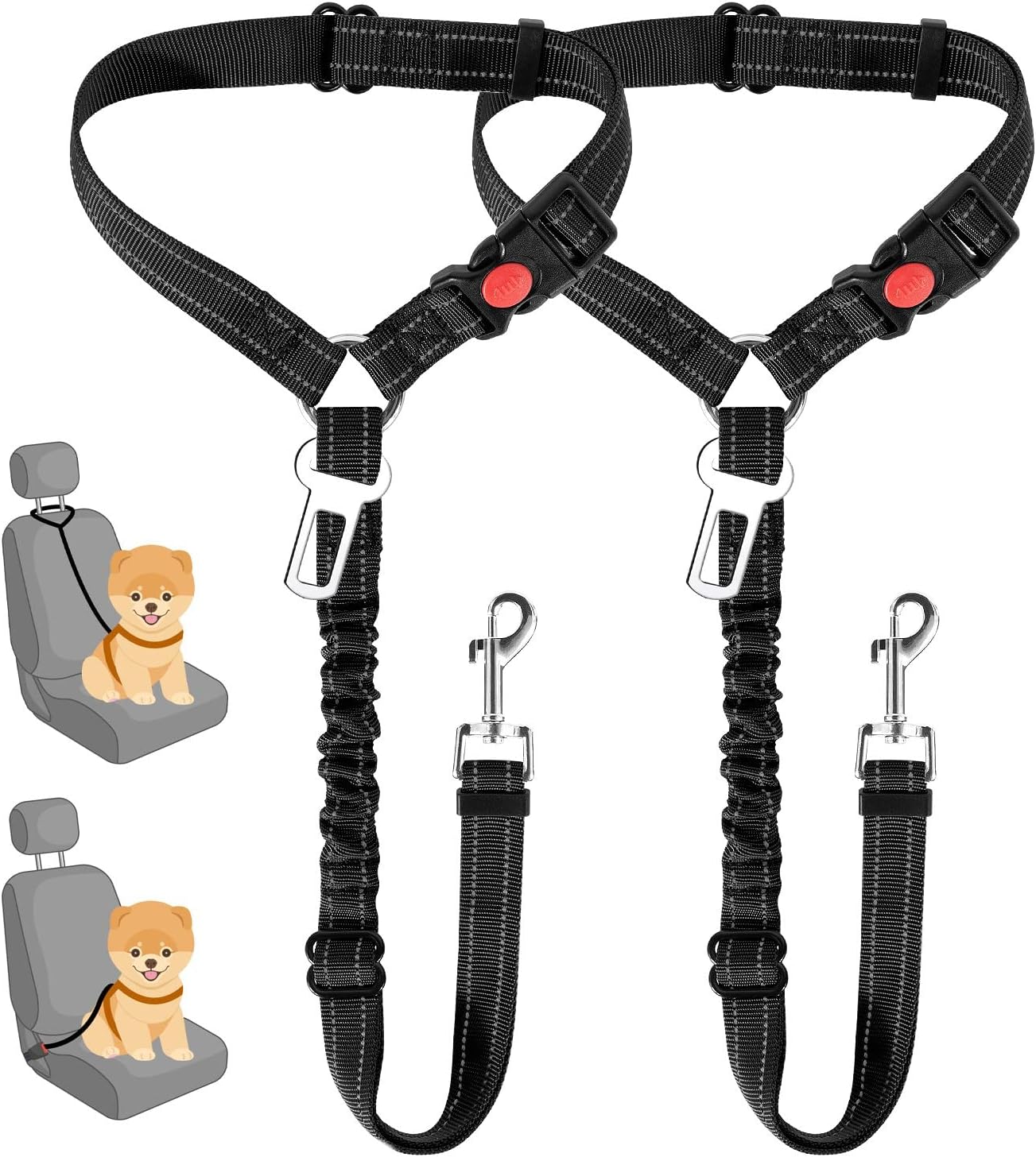 SlowTon Dog Seat Belt for Car, 2 Pack Dog Car Harness Seatbelt Adjustable with Elastic Bungee Buffer, 2 in 1 Pet Car Leash Headrest Restraint Dog Reflective Safety Tether (S, Black, Headrest+Clip)
