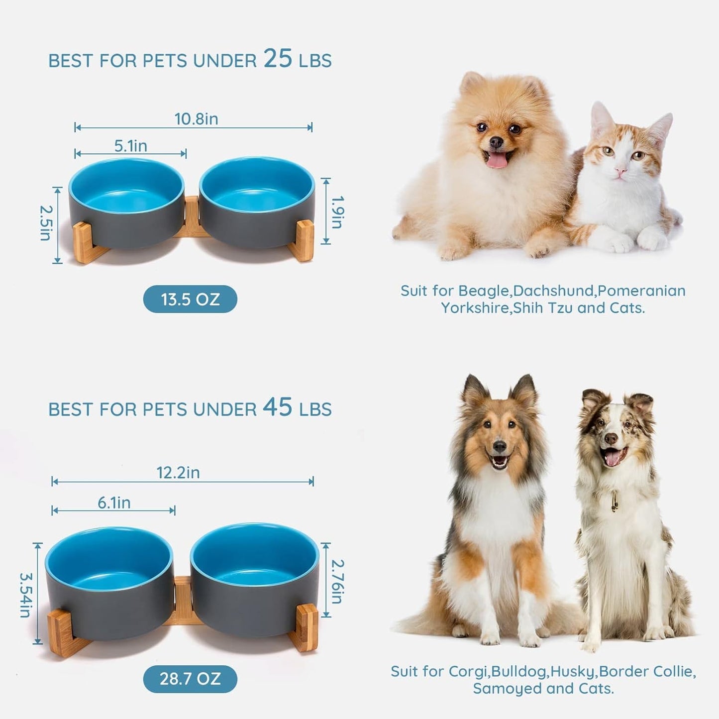 SPUNKYJUNKY Ceramic Dog and Cat Bowl Set with Wooden Stand, Modern Cute Weighted Food Water Set for Small Size Dogs (13.5OZ) & Medium Sized Dogs (28.7OZ) & Cats (1.7 Cups, 2 × Blue-Grey)
