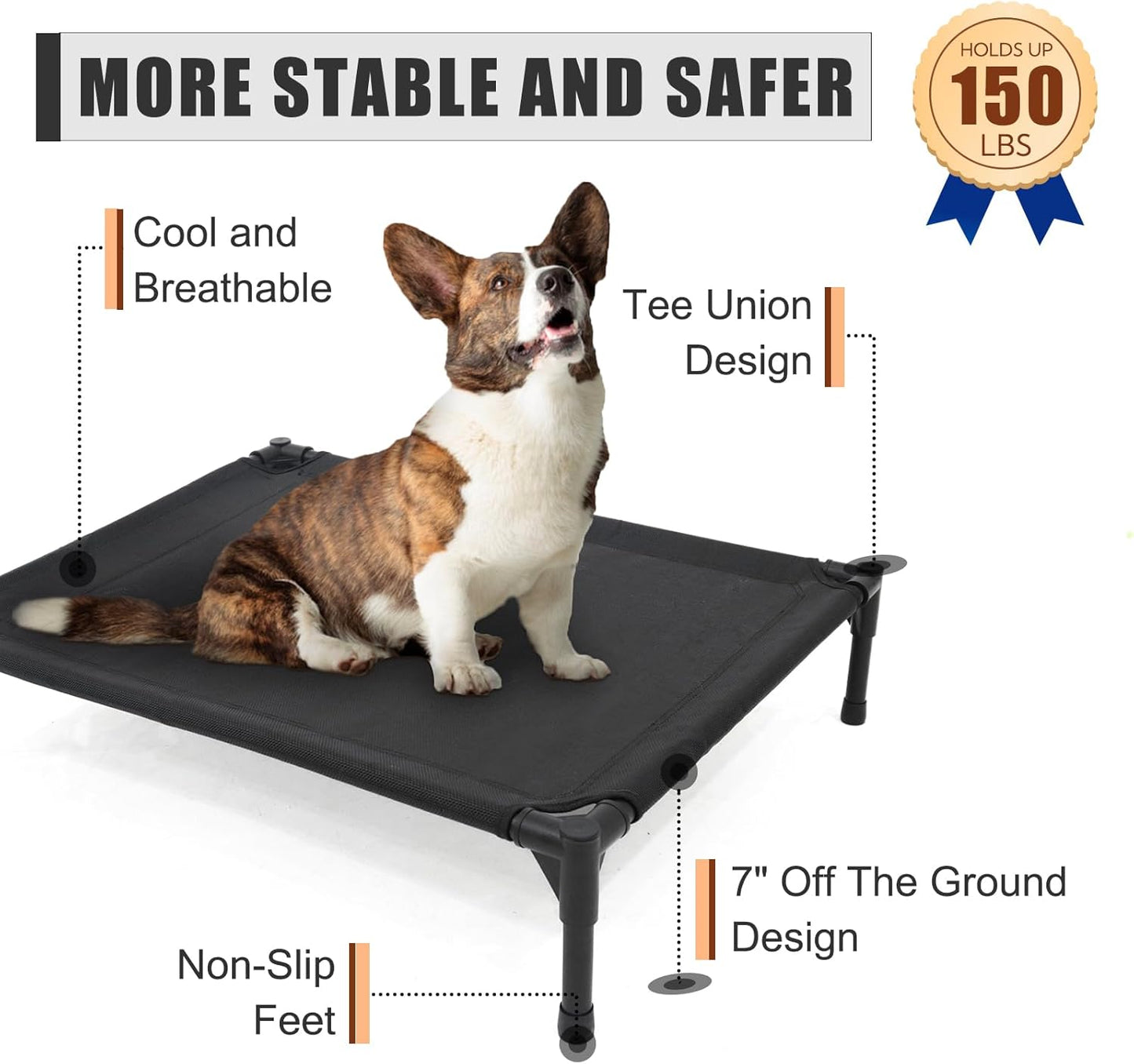 Elevated Dog Bed for Large Dogs, Raised Dog Cot Fits Up to 120 LBs, Heavy Duty Pet Cots with Durable Supportive Teslin Recyclable Washable Mesh, Indoor & Outdoor Pet Bed, Black
