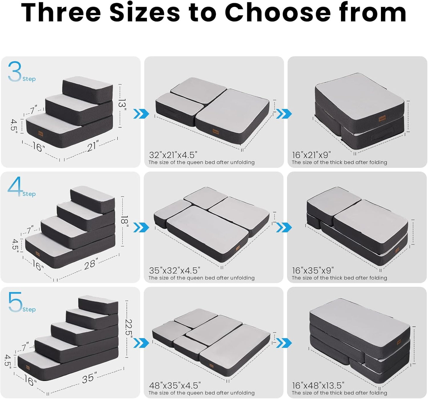 3-Step Adjustable Dog Stairs for Sofa and Couch, Dog Steps for Small Dogs and Cats, Foldable Pet Stairs for Low Bed Climbing, Non-Slip Pet Step Indoor, Grey