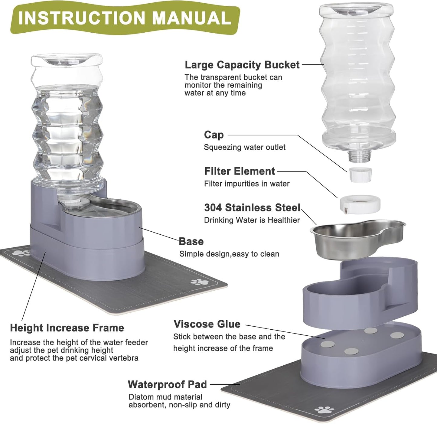 RIZZARI Large Water Dispenser for Dogs: 8L Automatic Stainless Steel Gray Gravity Raised Pet Feeder for Pet Dogs Indoor/Outdoor