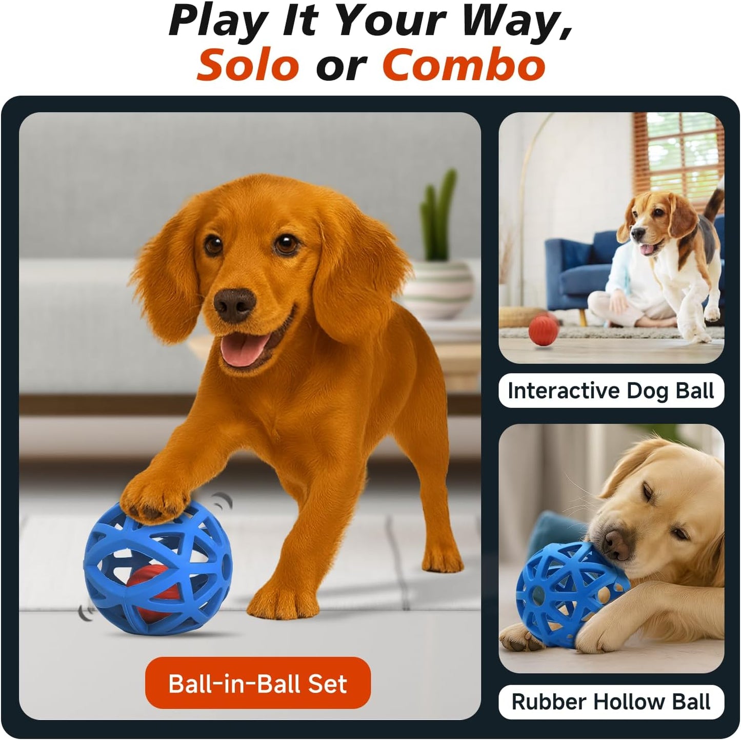 Interactive Dog Toy, Smart Jumping Bouncing Ball Inside Durable Rubber Shell, Automatic Moving Vibrating Ball for Medium/Large Dogs, Dog Enrichment Toy to Keep Them Busy (Blue & Orange)