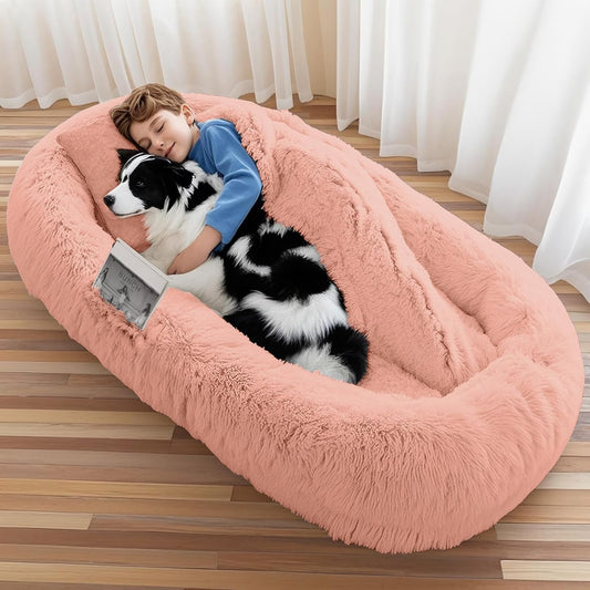 Human Dog Bed for Adults & Pets, 63"x32"x10" Faux Fur Nap Bed with Pillow, Blanket & Strap, Orthopedic Washable Lounger for Sleeping, Relaxing, Cuddling – Pink