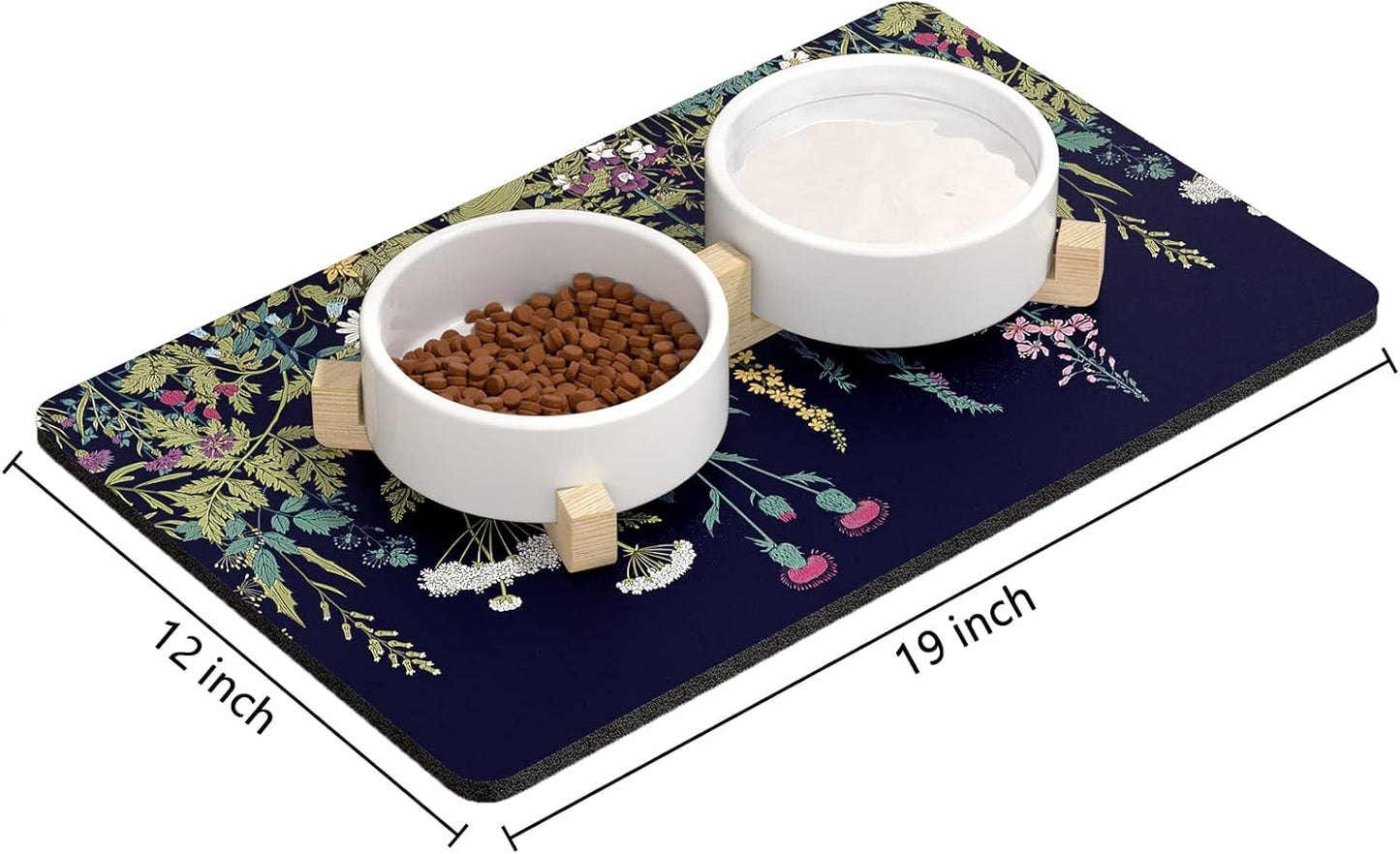 Rnivvi Dog Food Mat, 12" x 19" Flower Absorbent Dog Cat Bowl Mat for Food and Water, Cute Anti-Slip Rubber Pet Feeding Rug Protect Floors, Puppy Placemat for Feeding & Watering Supplies,Black Floral